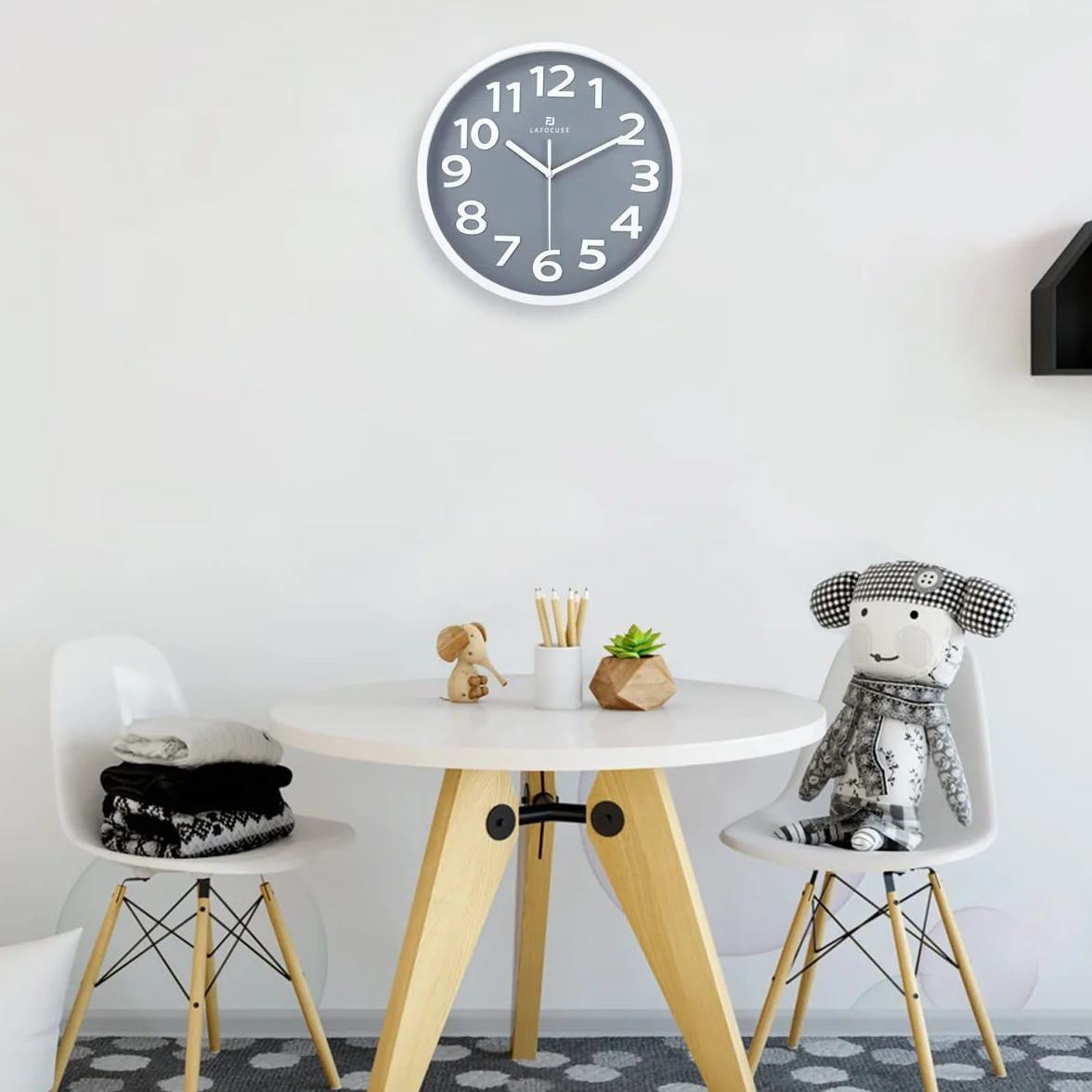 Lafocuse 30cm Reloj de Pared Números Grande 3D, Gris Silencioso Moderno Reloj Cocina Pared Fácil de Leer, Decorativo sin Tictac para Salon Dormitorio Oficina