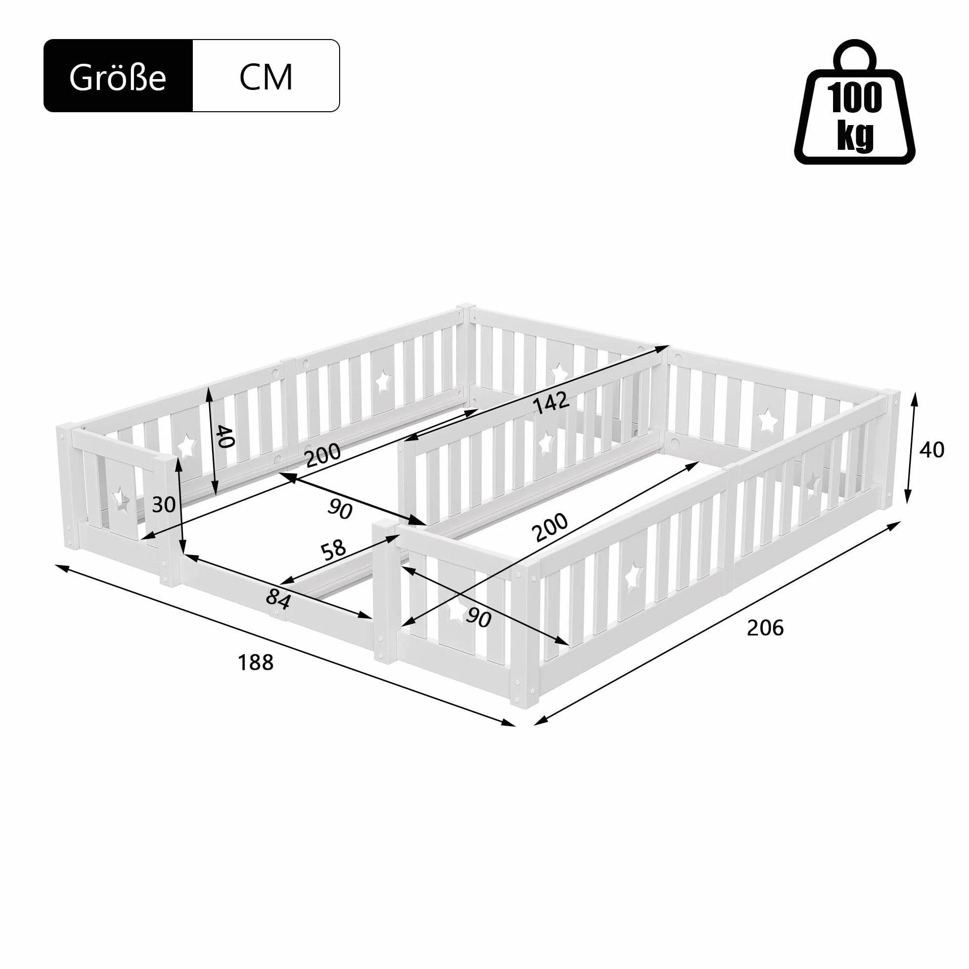 Montessori Cama infantil doble 2 x (90 x 200 cm), marco de madera con barrera de seguridad para 2 niños, color blanco y sin somier de láminas)