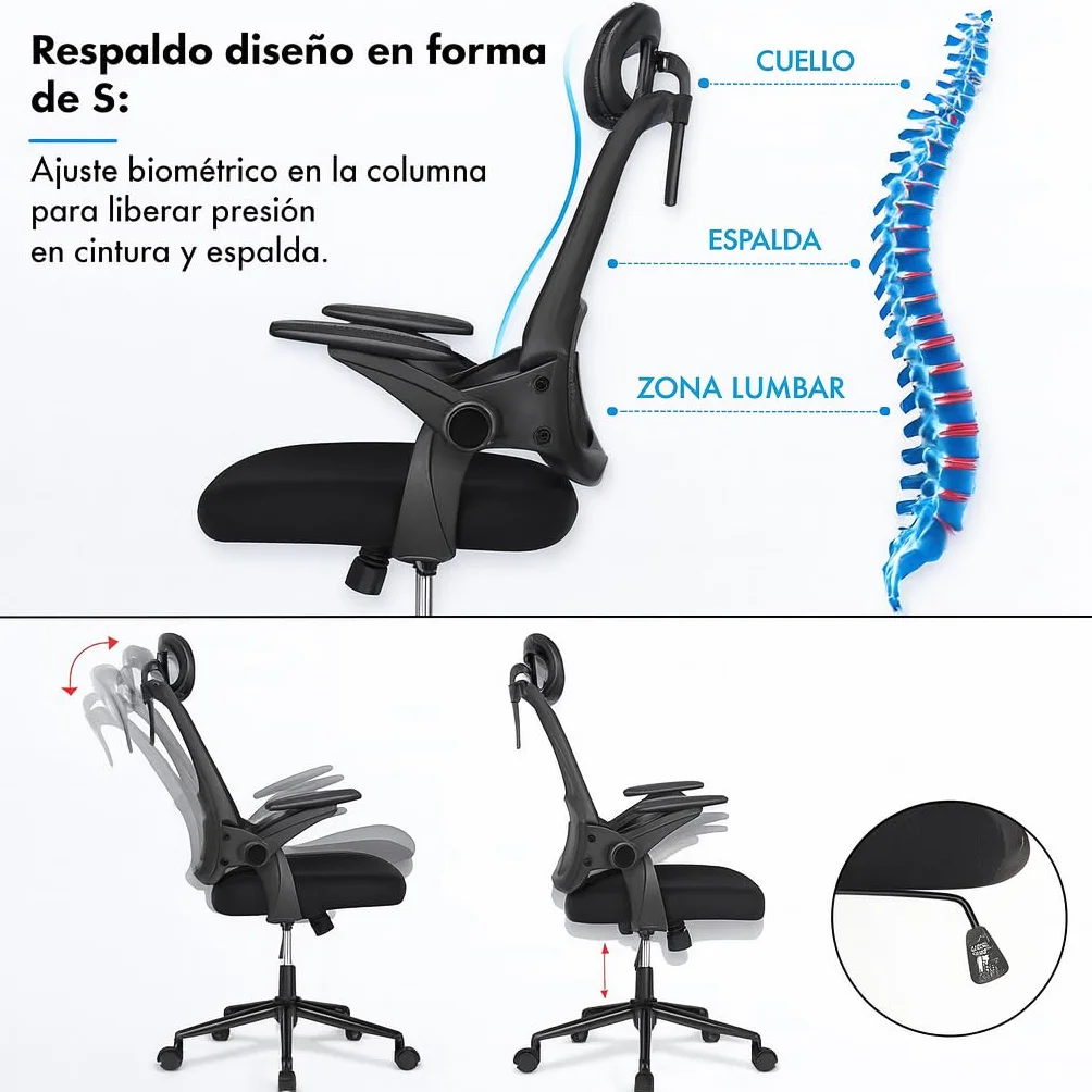 Silla de Oficina Ergonómica con Ruedas, Reposacabezas y Reposabrazos Ajustables, Respaldo de Malla Transpirable, Soporte Lumbar