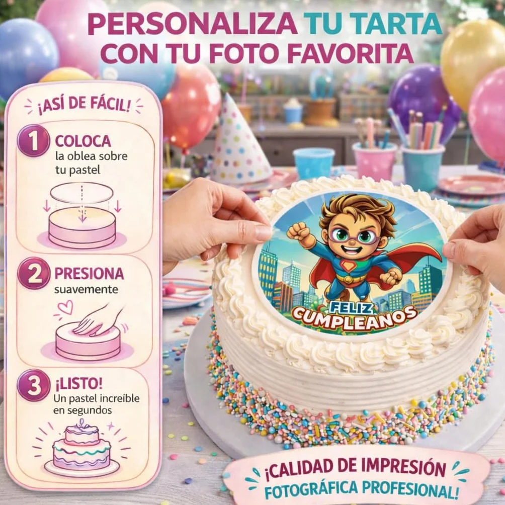 FOTO COMESTIBLE OBLEA Papel de AZÚCAR Personalizada Tarta Foto Nombre Edad Imagen Comestible Cumpleaños Calidad Fotográfica Profesional Varios Tamaños Redonda