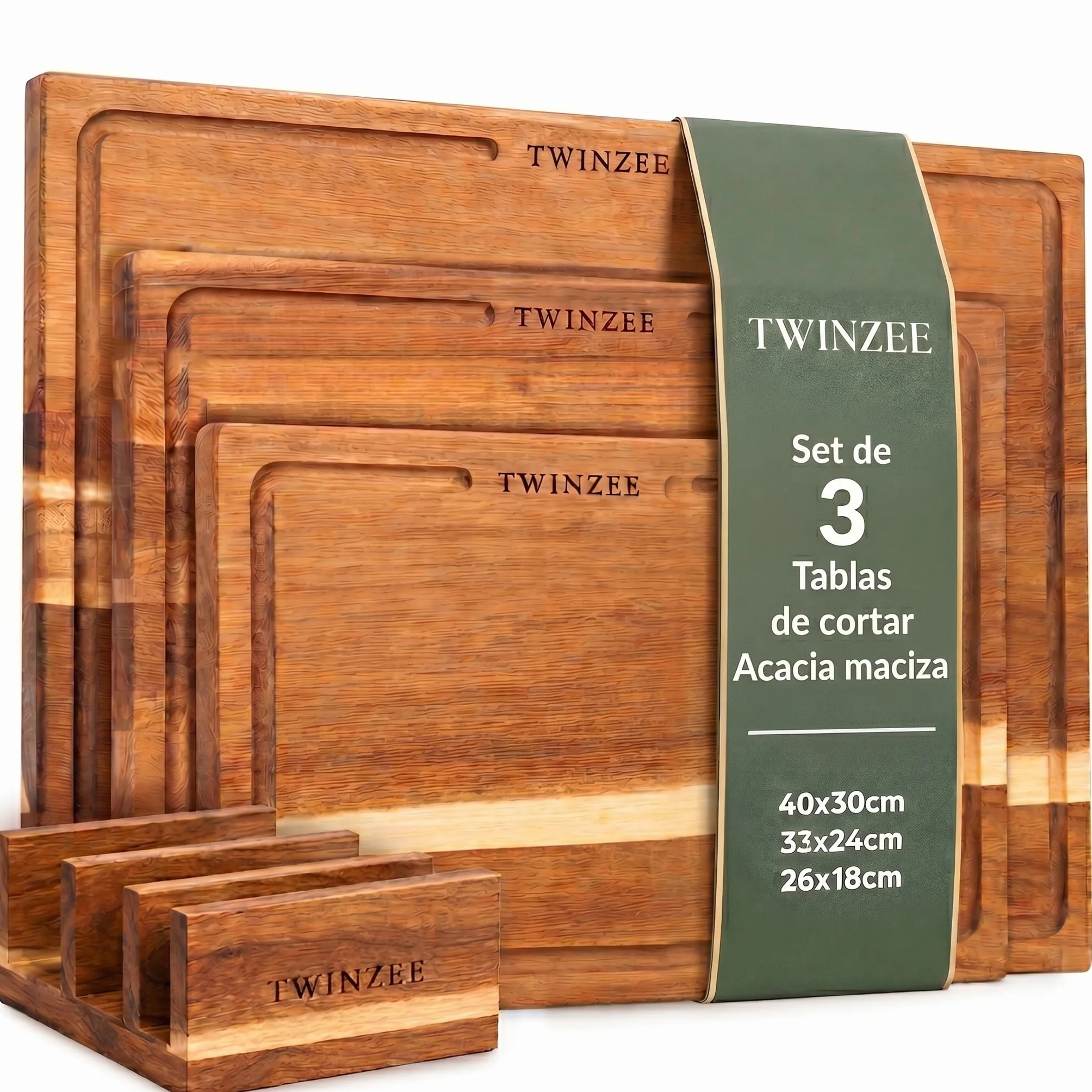 Twinzee Juego de 3 Tablas de Cortar Maciza de Acacia con Soporte, Canal para Jugos, 40x30/33x24/26x18 cm, 2cm Grosor