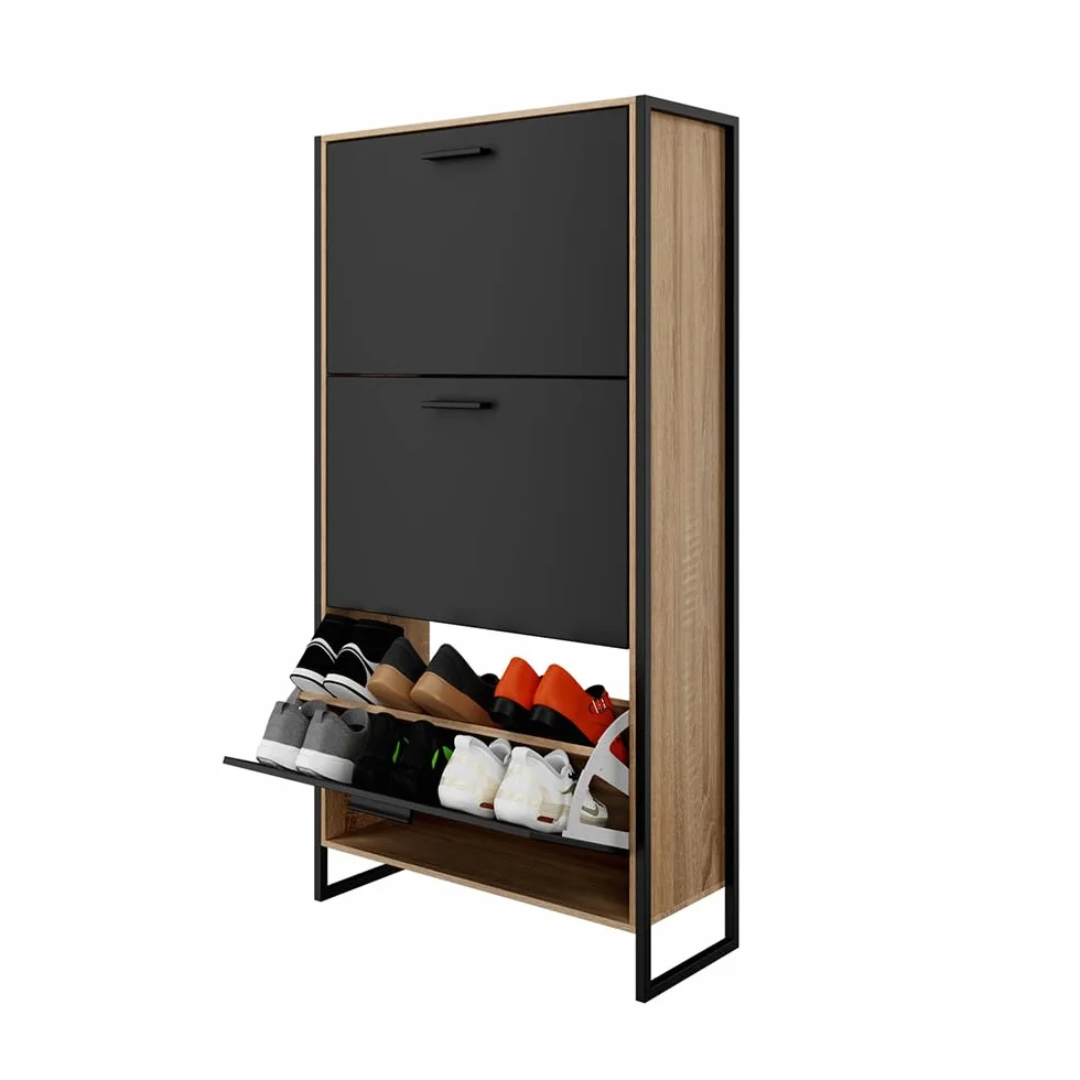 CASABEL, Mueble para Calzado Industrial (18 Pares), Armario para Zapatos, Almacenamiento de Entrada, Gran Capacidad, Ahorro de Espacio, Entrada Pasillo, Puertas Negras, Marco Madera Clara, Empresa