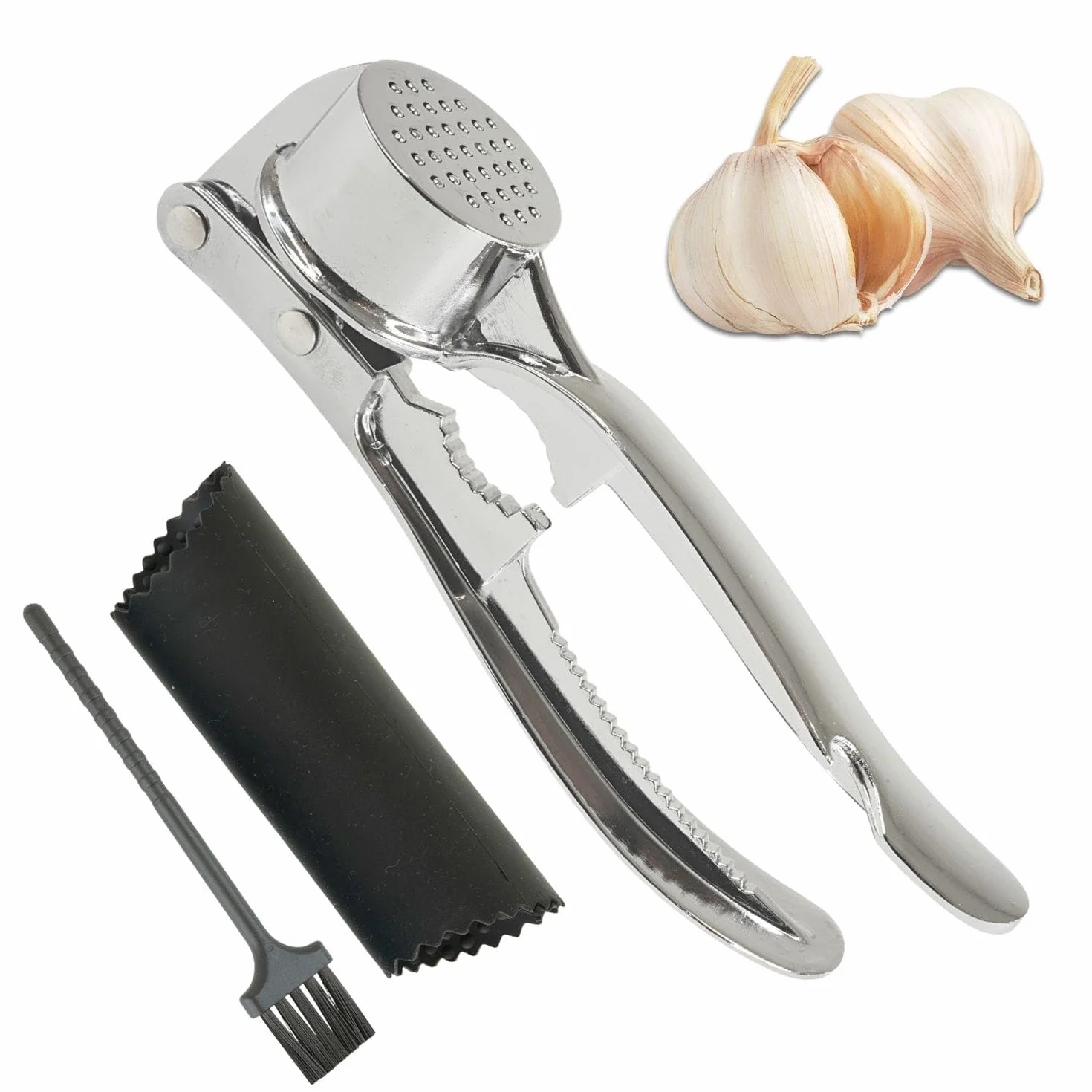 Prensa de Ajo Multifunción Acero Inoxidable Picadora Manual Triturador Pelador Ajos Cepillo Limpieza Cascanueces Escamador Abridor Botellas