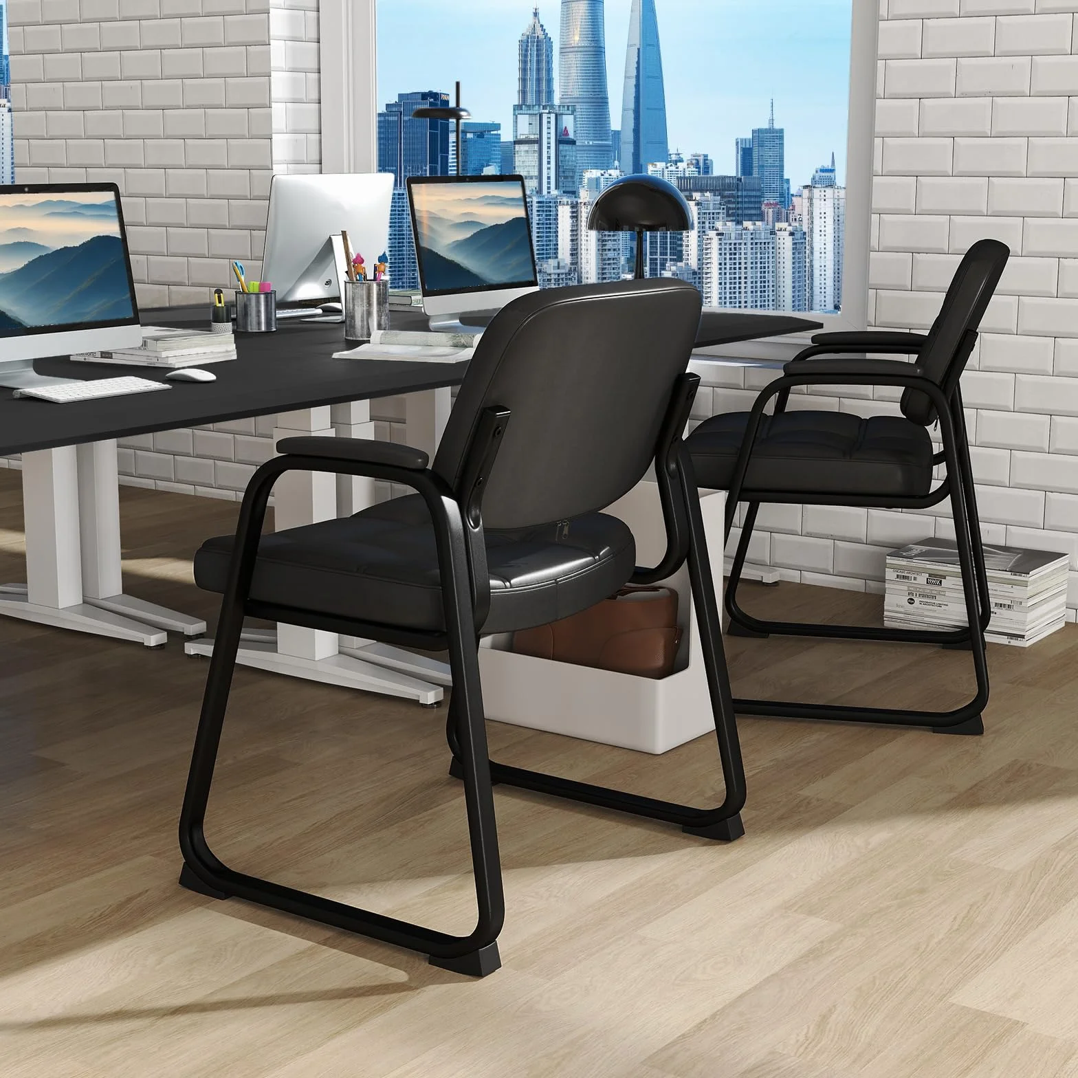 COSTWAY 2 Sillas Sala de Espera, Reposabrazos Acolchados, PU, Estructura de Metal, Sillas Confidente sin Ruedas, Silla Oficina, Carga 150kg, Negro