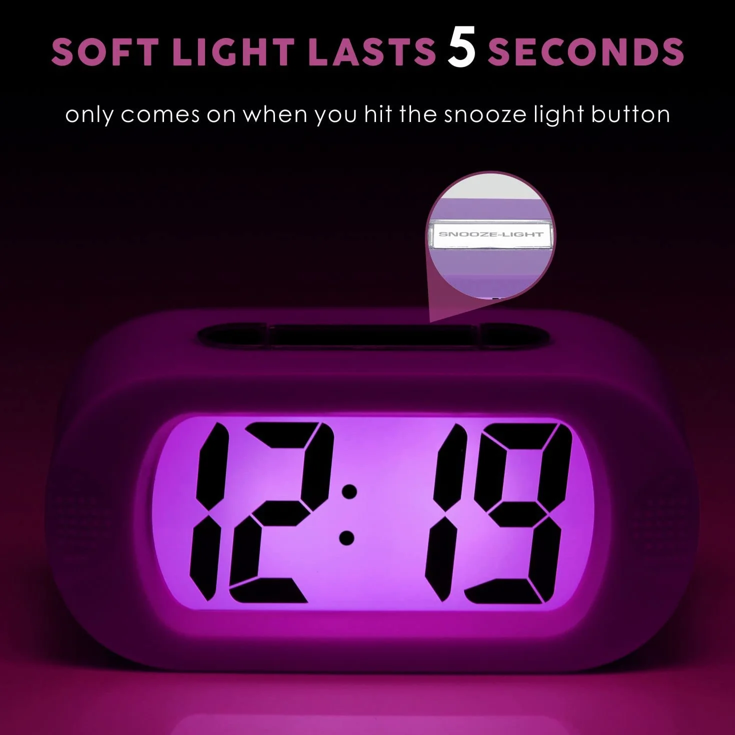 Plumeet Reloj Despertador Digital LCD Viaje, con Gran Pantalla, fácil de configurar, con Snooze y luz de Noche, Alarma con Sonido Ascendente y portátil, el Regalo Ideal para niños (Morado)