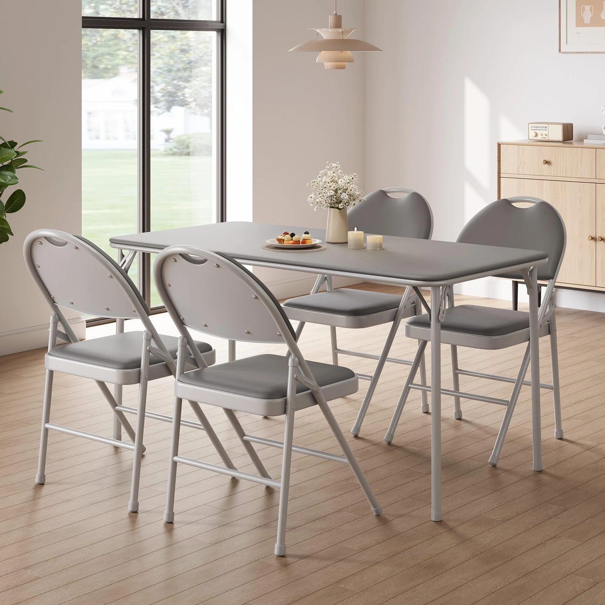 Sillas Plegables compactas Asiento Acolchado PU - Estructura metálica Resistente Respaldo ergonómico Alto Fáciles Transportar y almacenar Comedor la Oficina (4pc Grises)