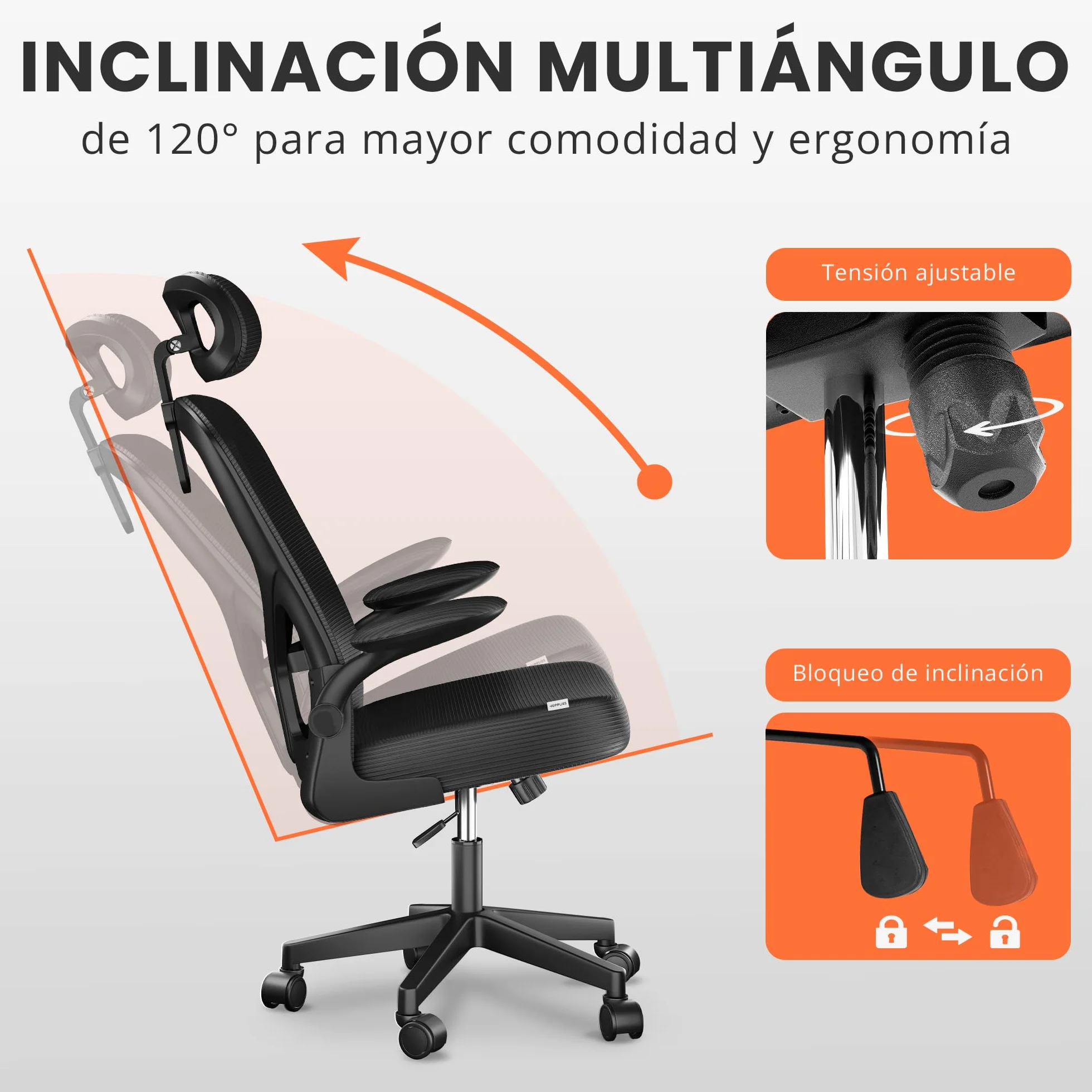 Silla Escritorio Ergonómica Ajustable Reclinable con Soporte Lumbar, Reposacabezas, Reposabrazos Plegables, Malla Transpirable, Ruedas 360°, 120 kg