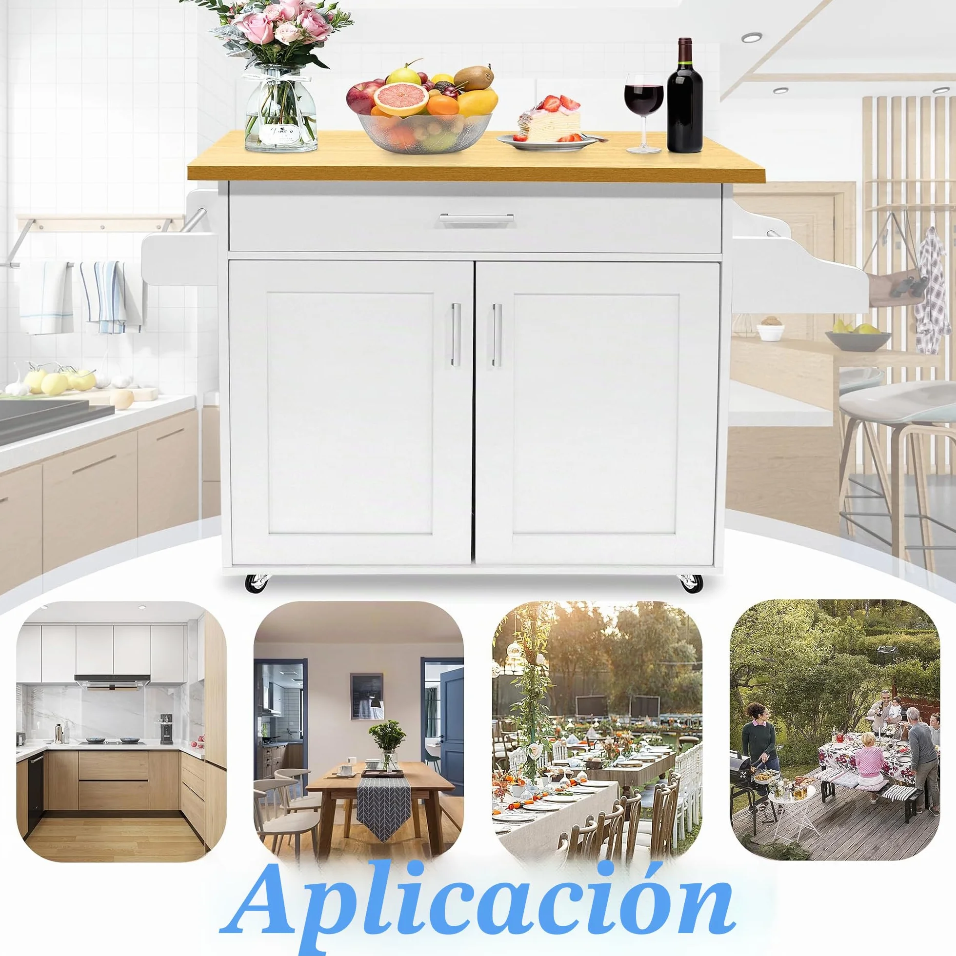 FIVMEN Carrito de cocina blanco con ruedas y encimera, carrito de cocina, isla de cocina de madera, con toallero y tabla de especias, mueble de cocina, 115 x 90 x 36 cm
