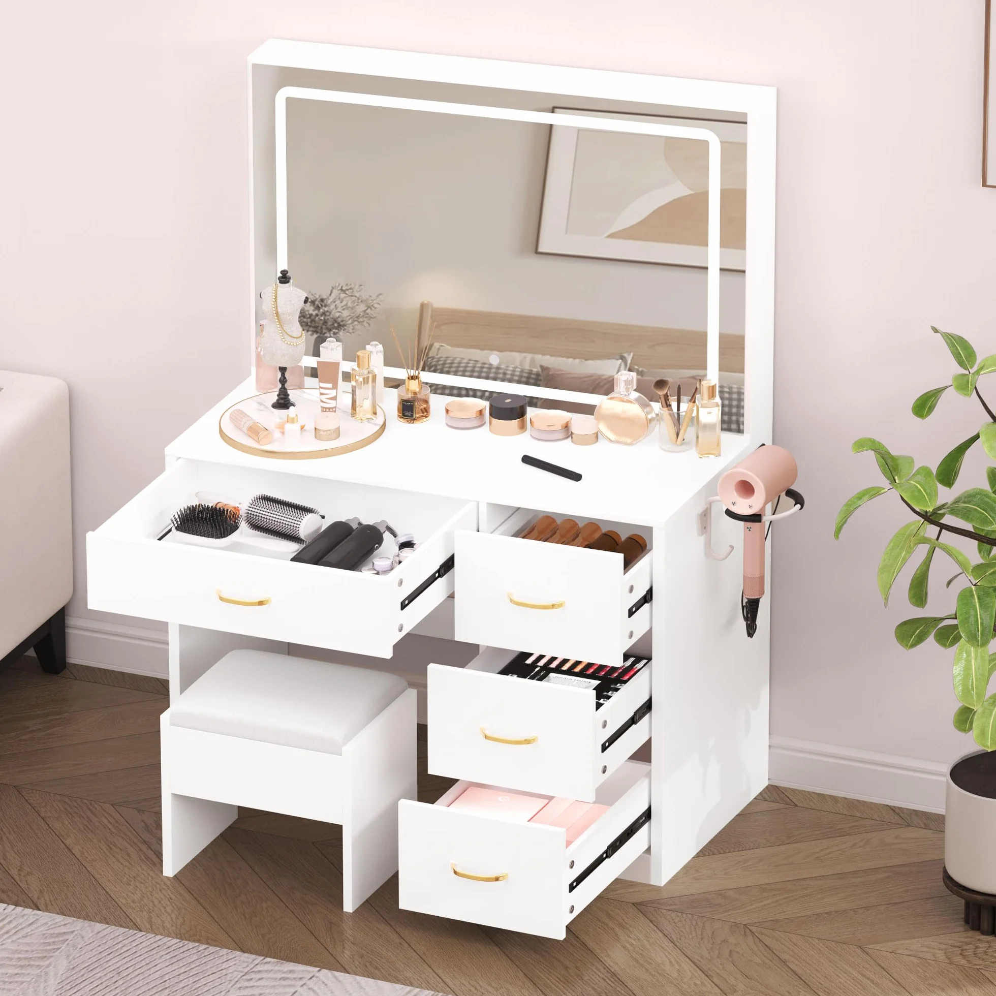 YITAHOME Tocador con iluminación LED Ajustable y tocadores, tocador con Espejo, 4 cajones y Taburete, Blanco