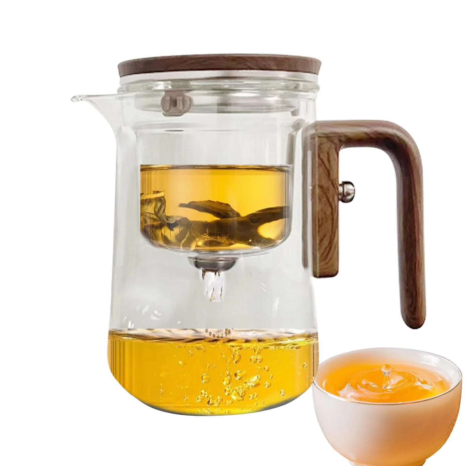 Mágica Transparente Antiderrames Con Infusor De Vidrio Con Separación De Agua Y Mango De Madera