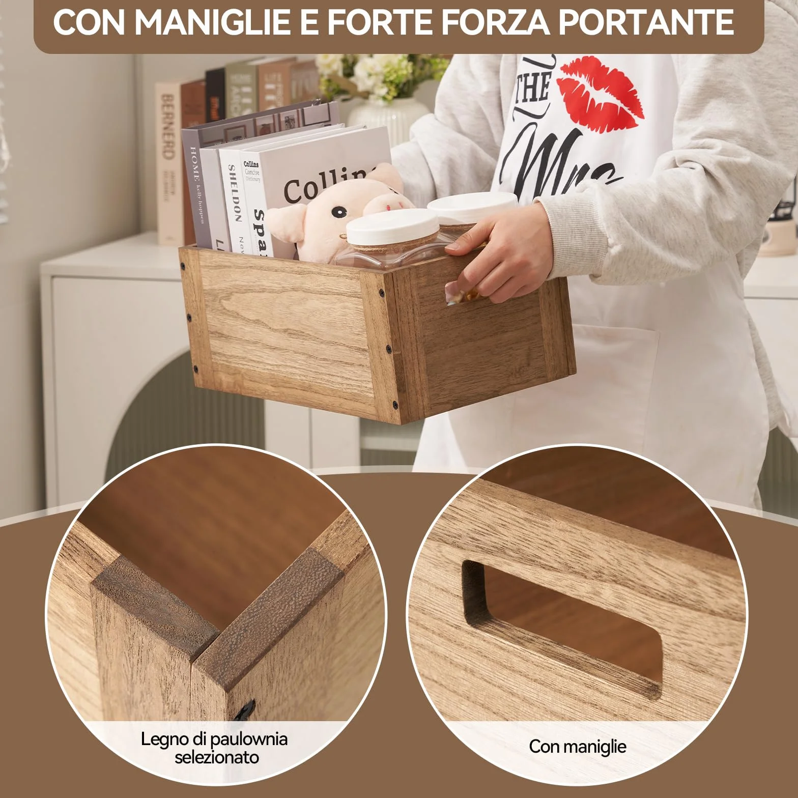 KIRIGEN Cesta de almacenamiento apilable de madera, organizador C15 marrón