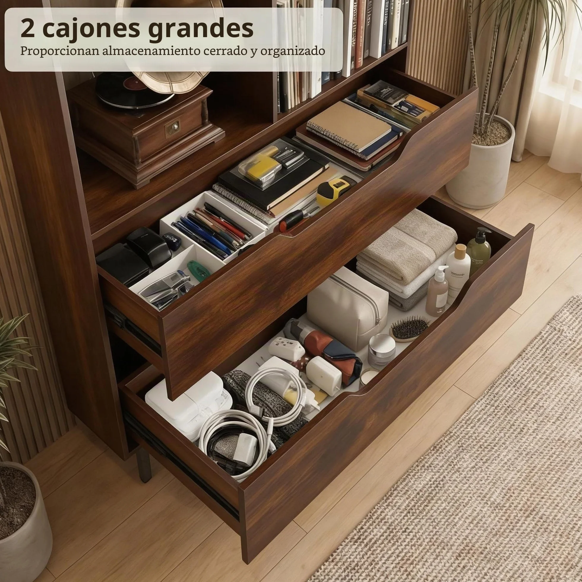 KOMFOTTEU Mueble para Tocadiscos con 2 Cajones, Soporte de Vinilo, Patas de Metal, 91x36x87 cm Marron