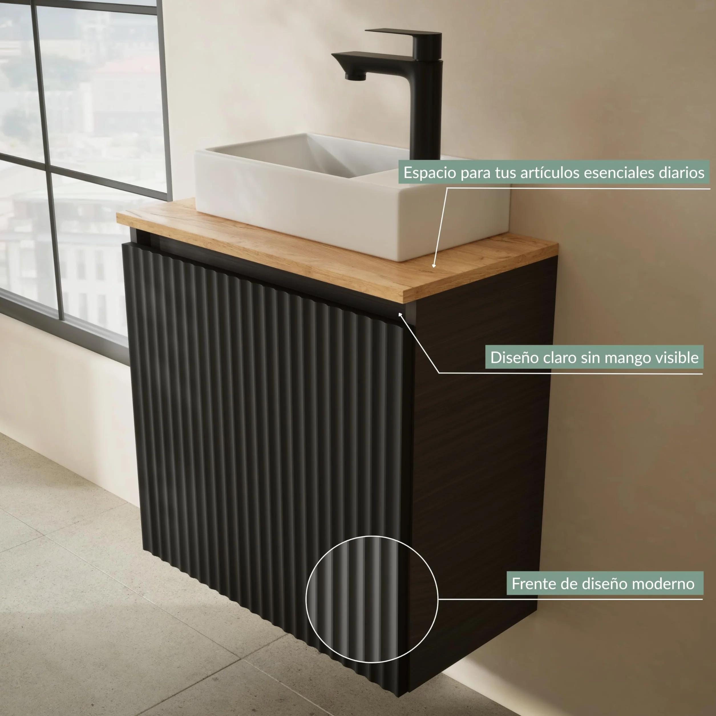 Planetmöbel Conjunto de muebles de baño Lavabo con mueble bajo 56 x 55 x 30 cm Antracita y roble dorado, espejo de baño con iluminación, 50 x 90 cm, espejo con marco, ovalado, 3 niveles de iluminación