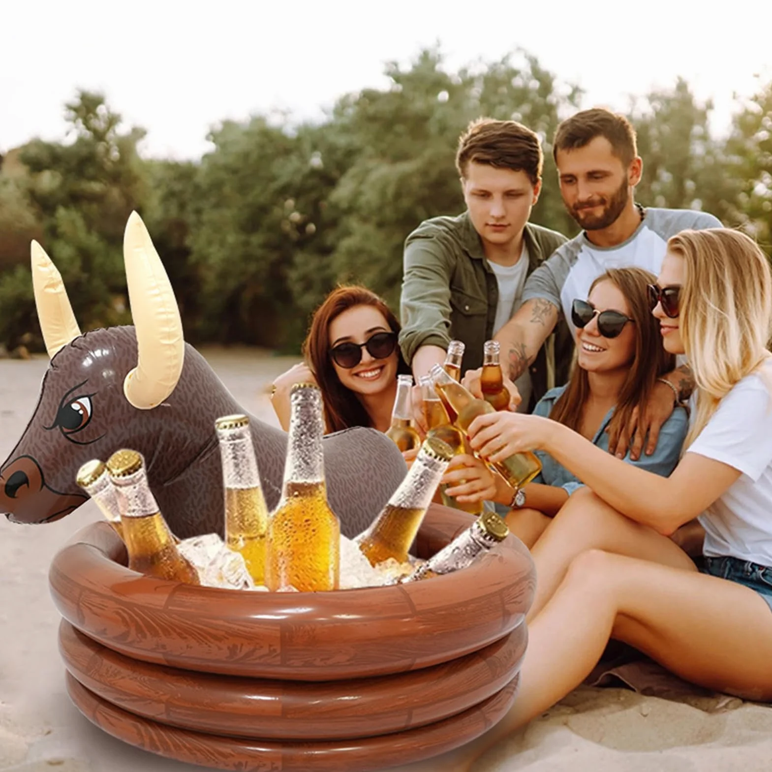 Enfriador inflable flotante: contenedor de cerveza en forma de toros, soporte de bebidas, accesorio para fiestas | Summer Pool Beach Picnic Cumpleaños Buffet Buffet Oktoberfest Suministros de fiesta