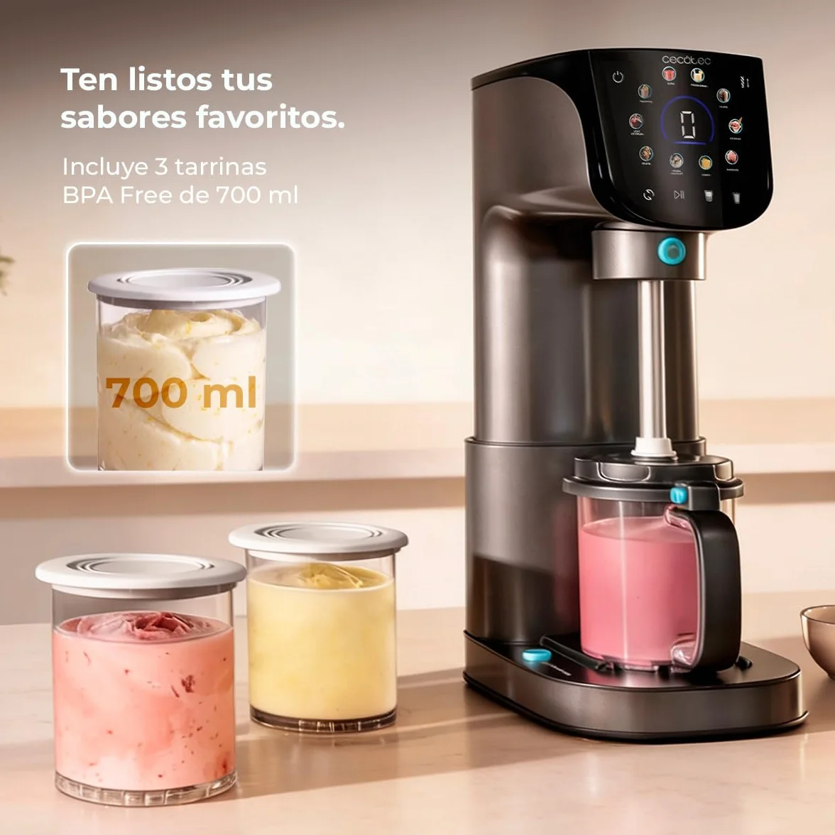 Cecotec Heladera Multifunción Capacidad 2,1L, 3 Tarrinas, Gelatec 2100. 500W, 11 Programas de Helado y Bebidas Granizadas, Tecnología CreamOn y Re-spin, Pantalla Táctil, Incluye Recetario Digital