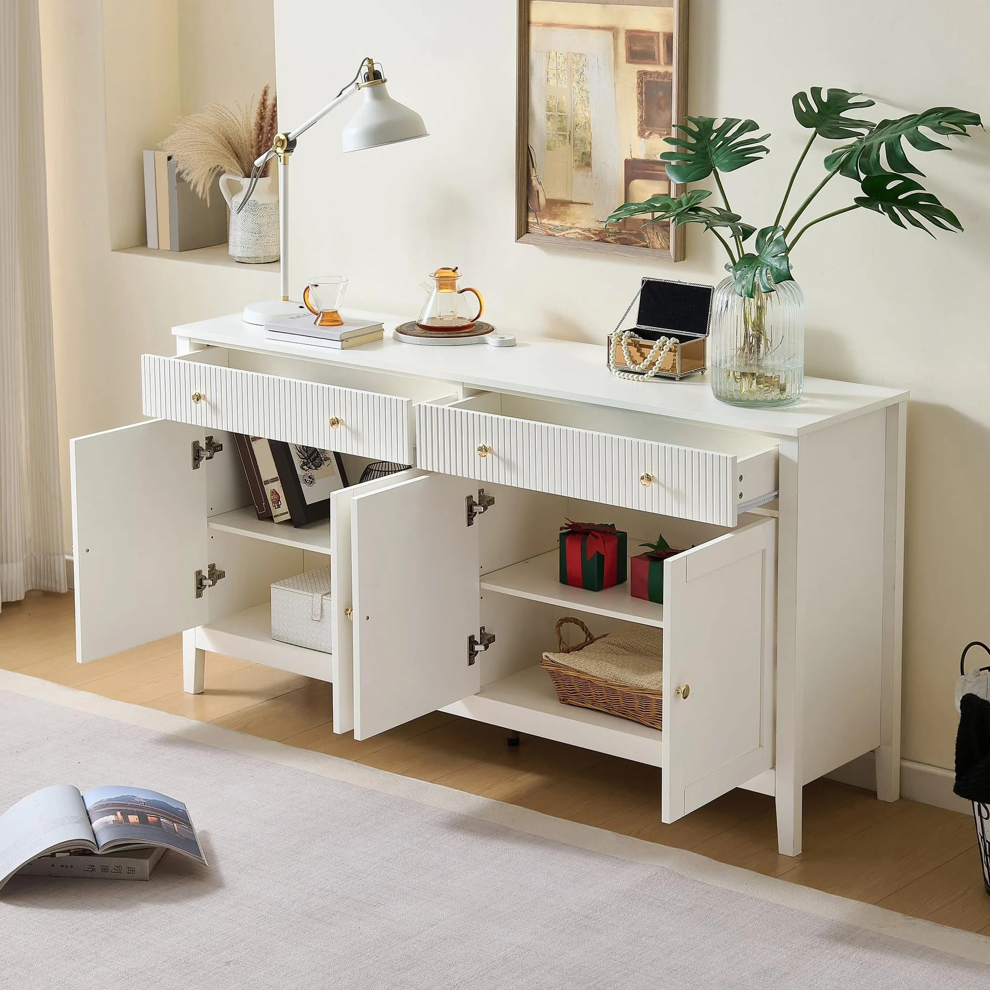 Aparador Blanco Elegante con 2 Cajones y 4 Puertas, Armario Cocina Aparadores para Salon con Estante y 5 Patas, Aparador Entrada Mueble Auxiliar Comedor, 160x40x82 cm, Blanco