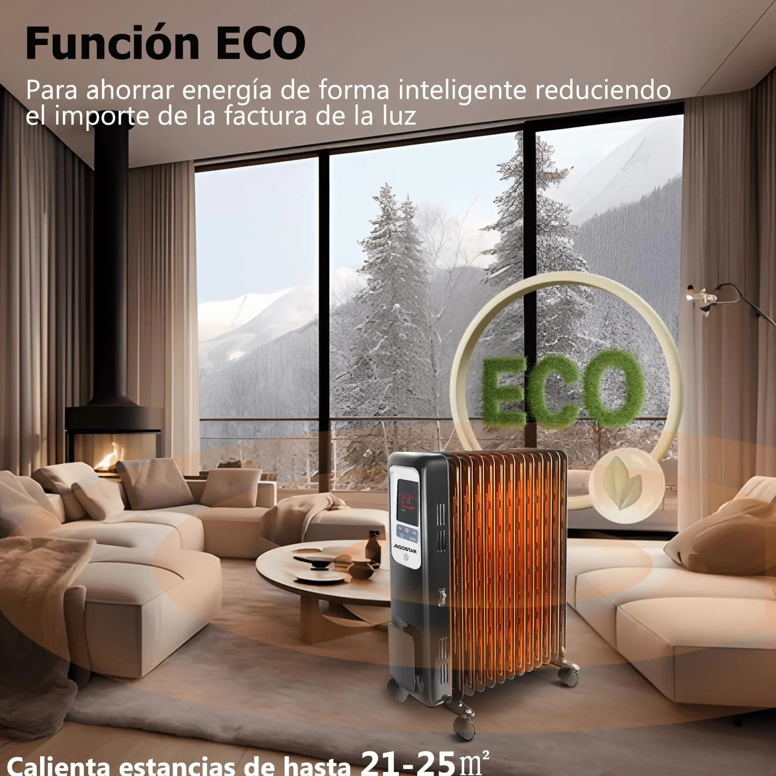 Aigostar Radiador de Aceite Portátil de 13 Elementos, Pantalla de Control LED, Mando a Distancia, 3 Modos y Función Eco, Silencioso, 2500W, Recomendado para Estancias de 25 m2, Oil Monster