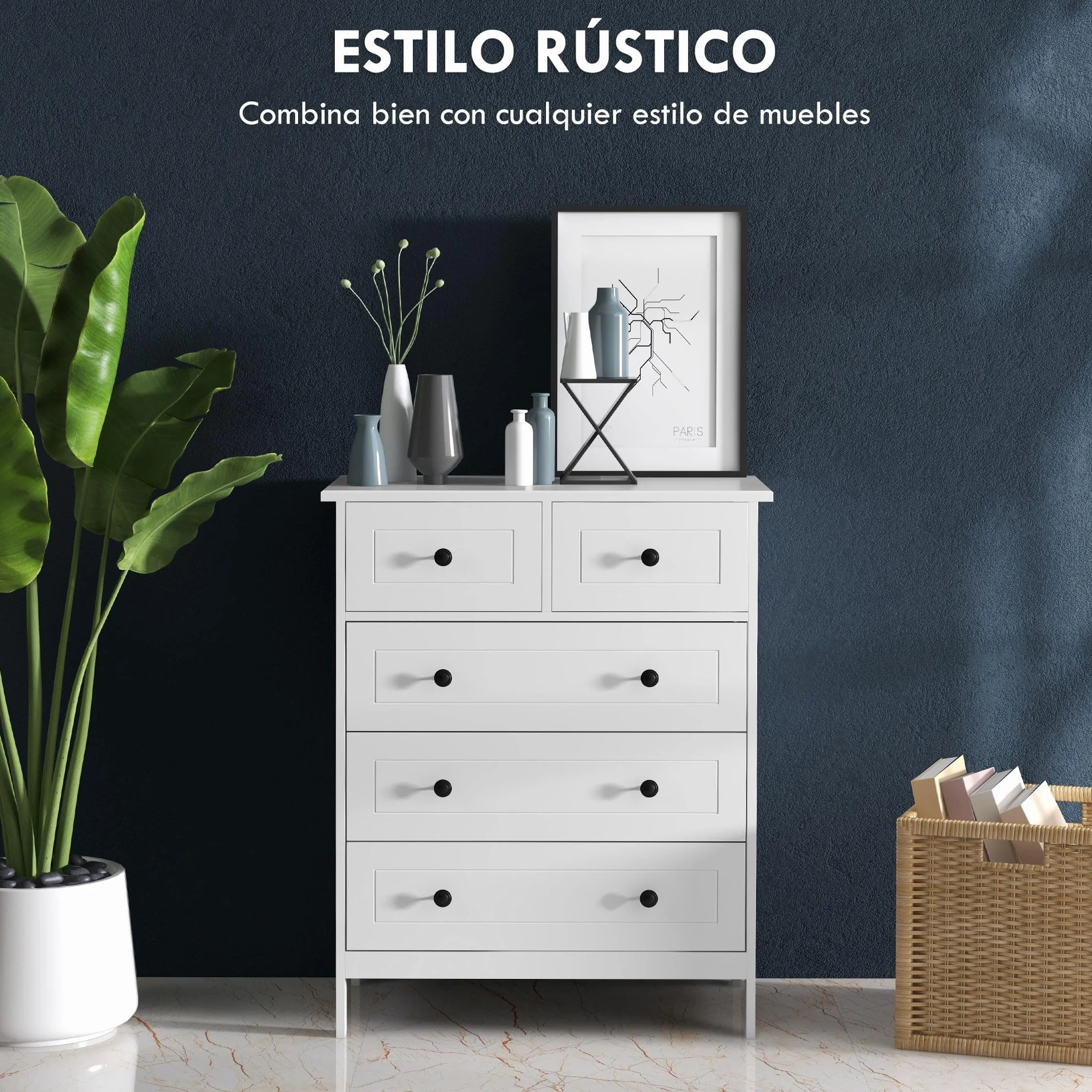 HOMCOM Cajonera de Dormitorio Cómoda Blanca de 5 Cajones con Manijas Cajonera Alta para Salón Oficina Estudio Estilo Moderno 74x40x91 cm