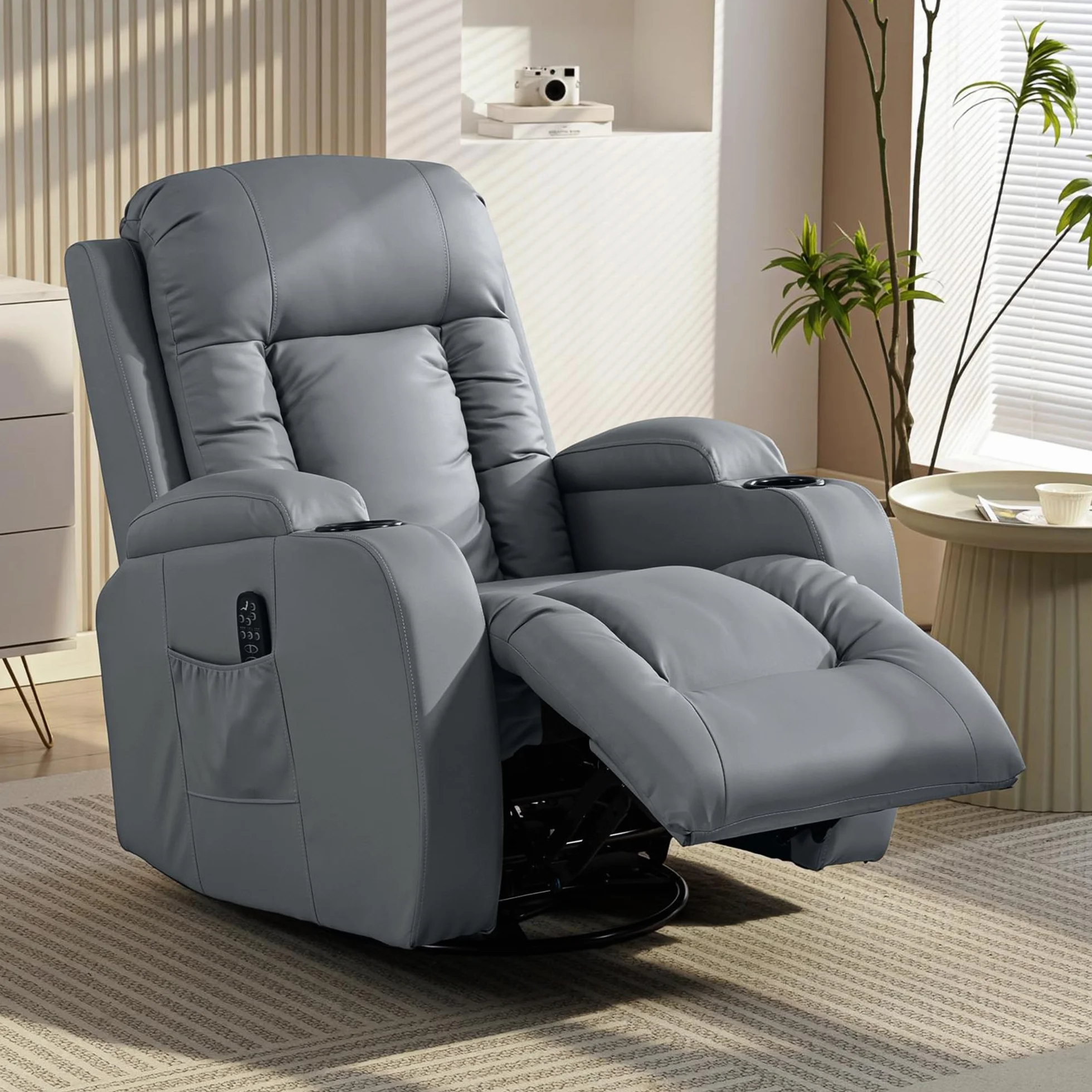 HOMCOM Sillón de Masaje Giratorio, Sillón Relax Reclinable con 8 Puntos de Masaje, Función Calefacción Lumbar, Mando a Distancia, Tapizado en PU, Reposapiés, Bolsillo Lateral, Función Basculante Gris