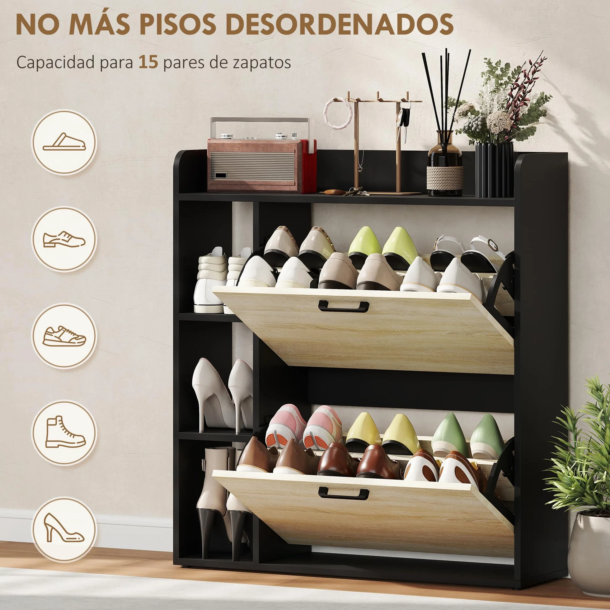 HOMCOM Zapatero Estrecho 2 Puertas, Zapatero Entrada Recibidor con 3 Estantes Laterales y Estantes Ajustables, para 15 Pares de Zapatos, para Pasillo, Espacio Reducido, 83x24x90,5 cm, Natural y Negro