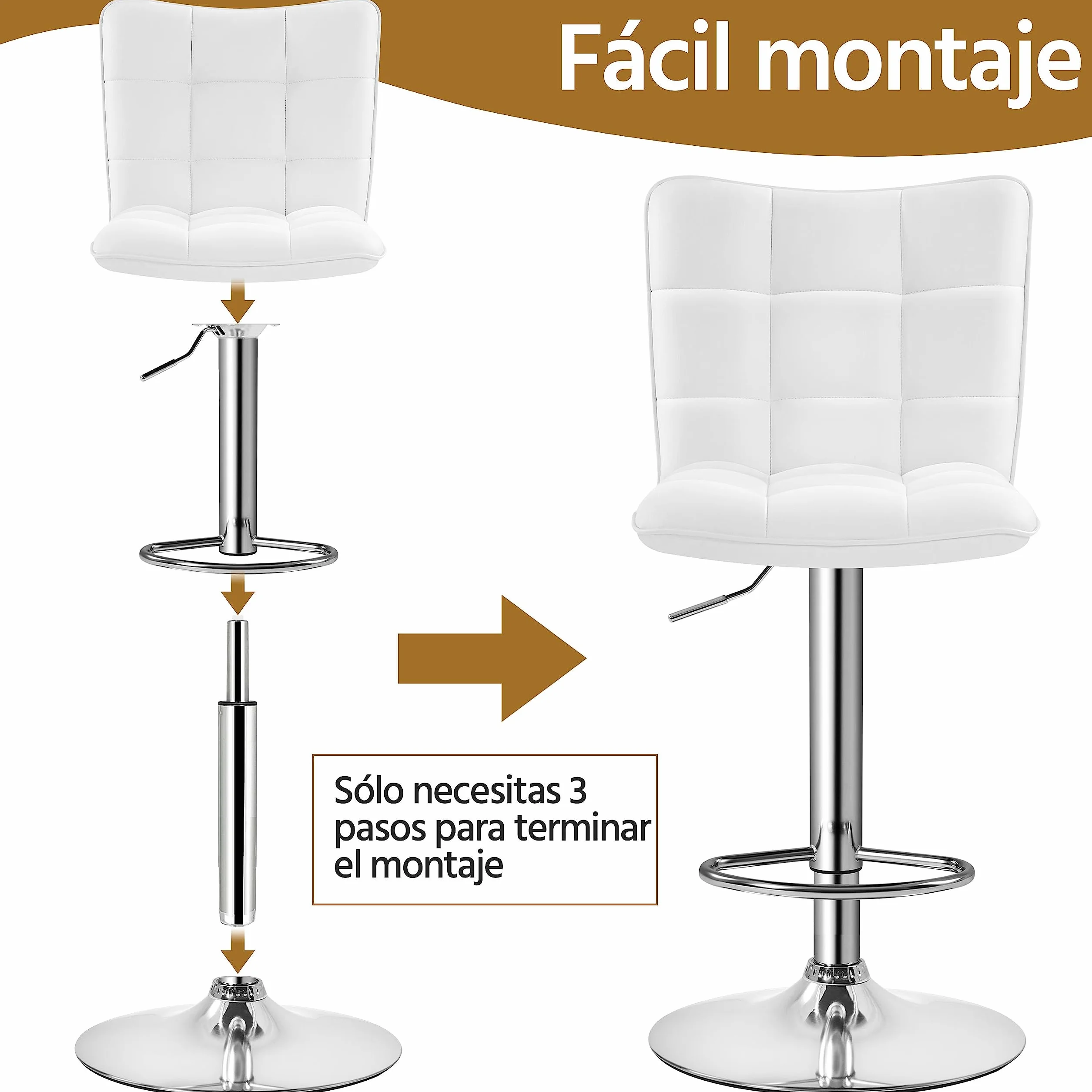 Yaheetech Juego de 2 Taburetes de Bar Taburetes Altos con Respaldo Regulable en Altura y Giratorio 360°, Estructura Metal y Reposapiés, Blanco