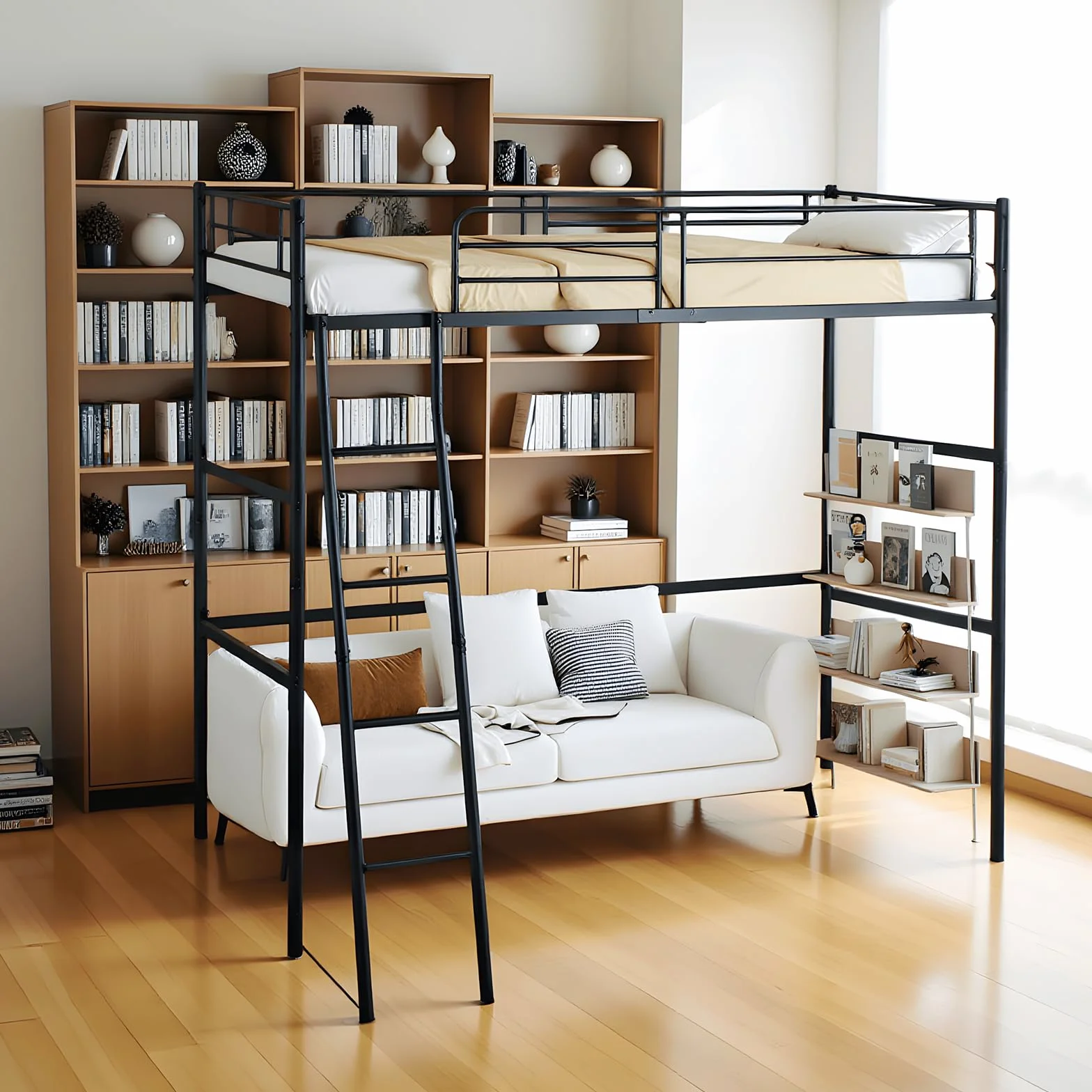 DORAFAIR Cama Alta 90x200 cm Metal con Escalera, Barandillas Seguridad, Negro