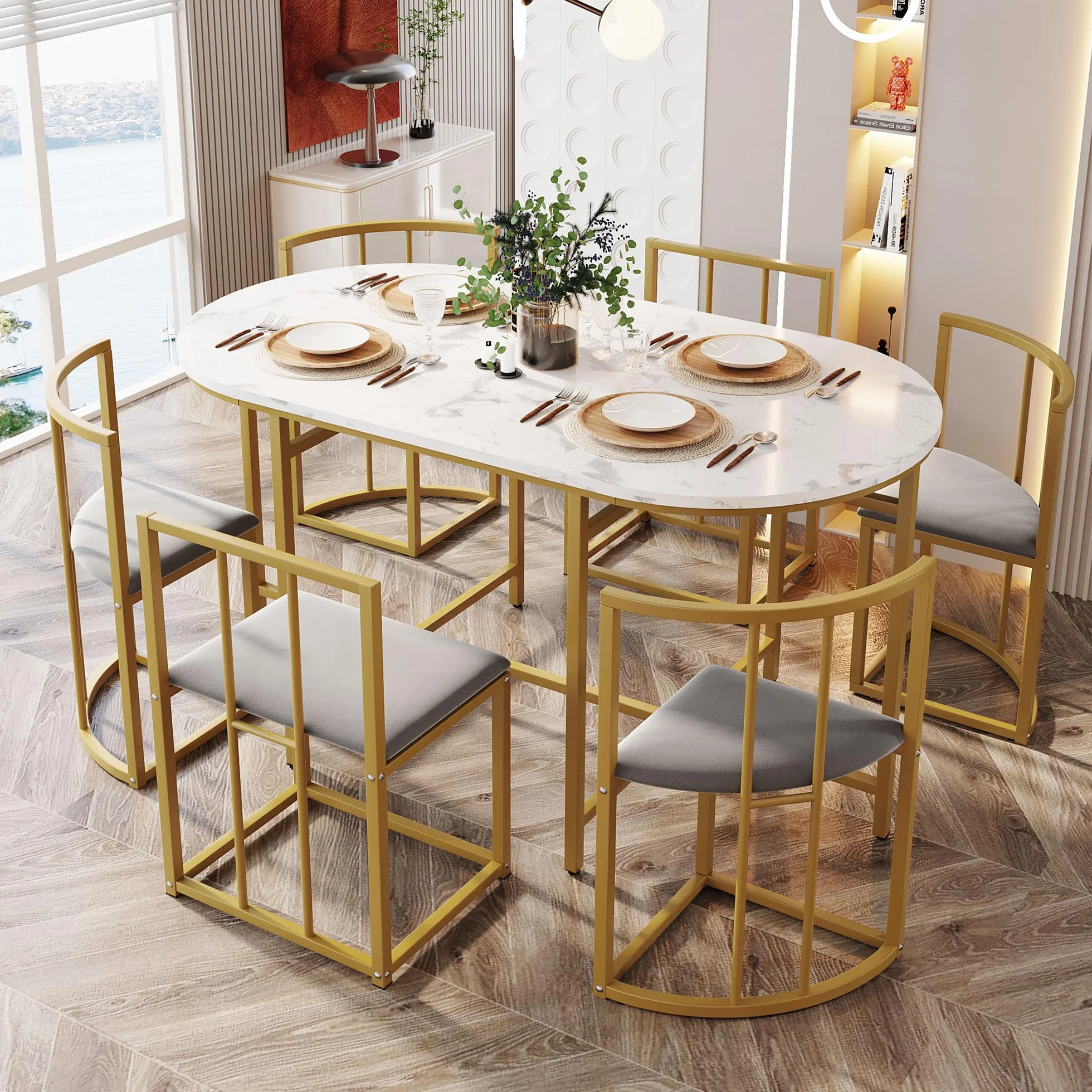 Lexiou Juego de comedor de seis sillas: mesa blanca, estructura de hierro y tapicería gris, combinación moderna
