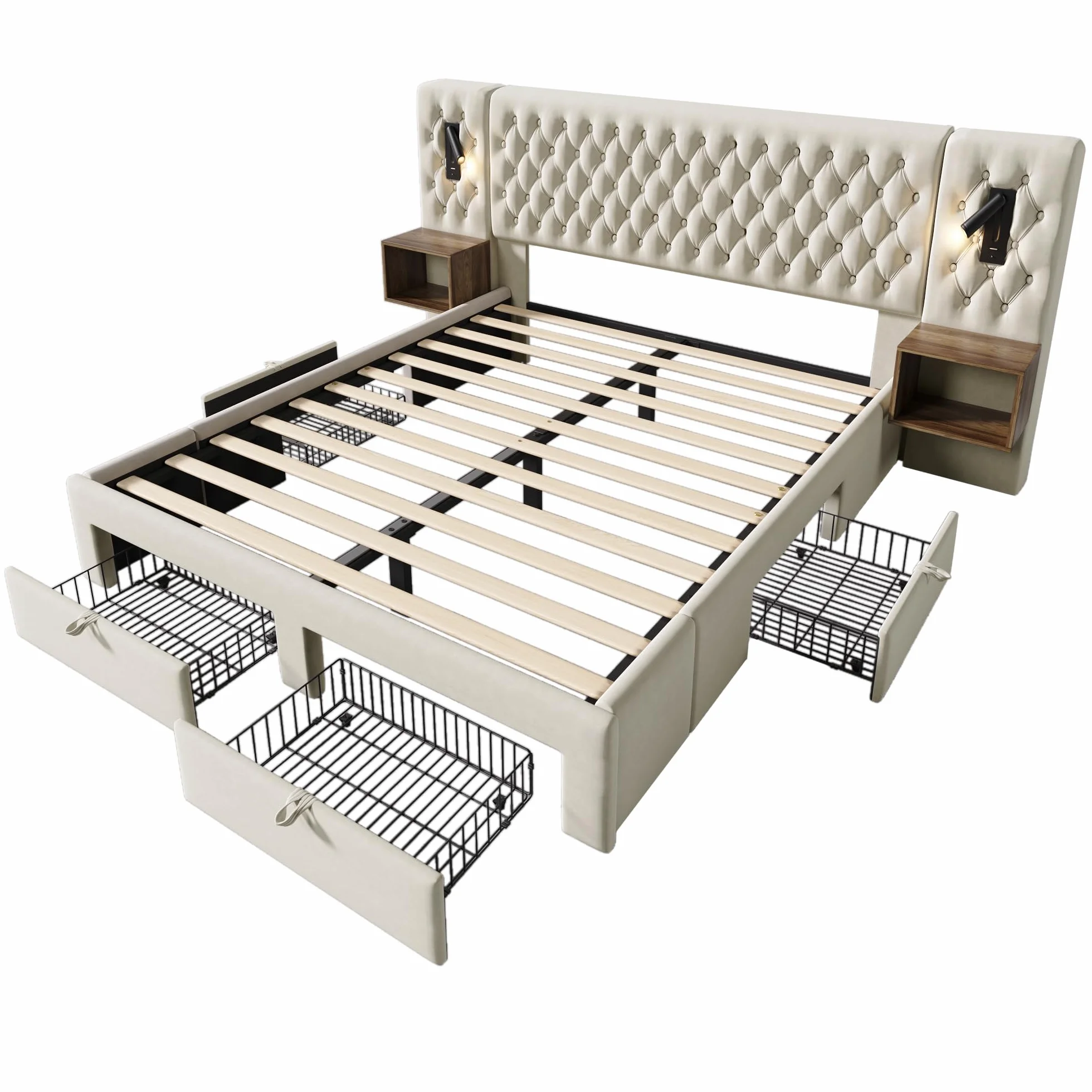 Cama doble tapizada 160x200 cm, 2 mesitas de noche, 4 cajones, cabecero de lectura USB, 243x211x106 cm, color gris