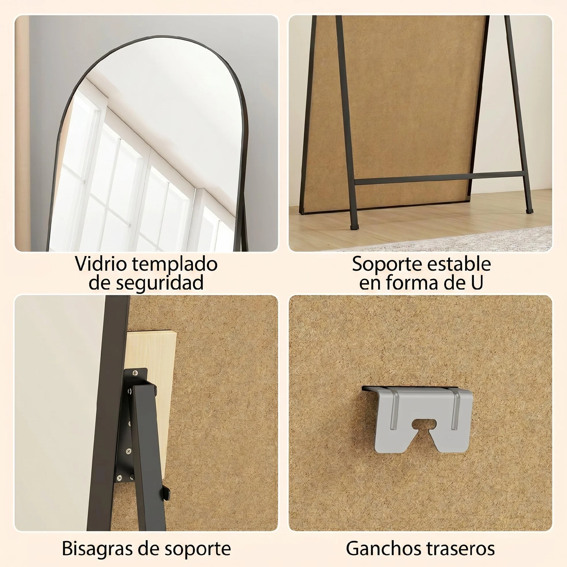 HOMCOM Espejo de Cuerpo Entero, 180x80 cm, Espejo de Pie Arqueado, Marco de Aluminio Negro, Independiente, Apoyado y de Pared, para Dormitorio, Salón
