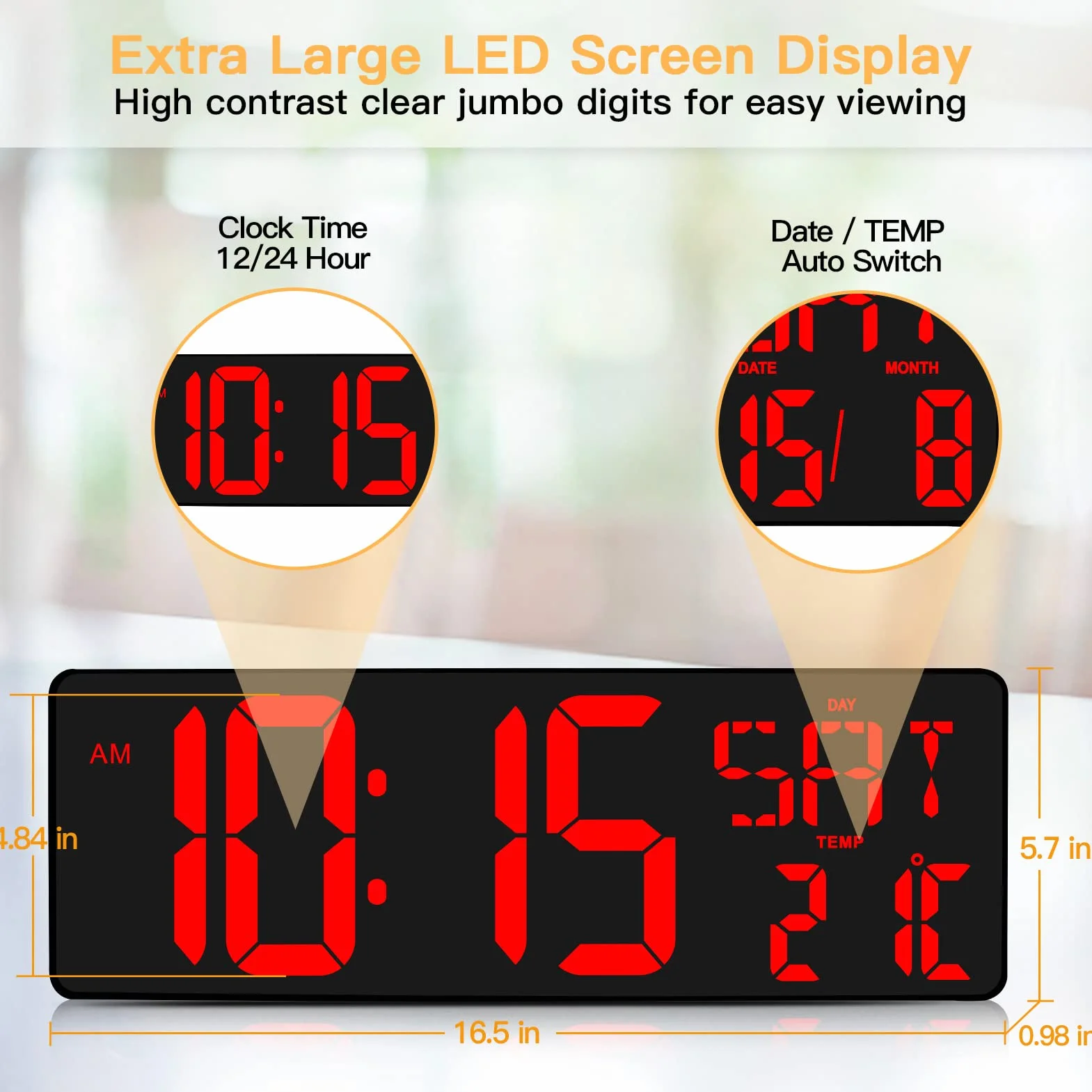 XREXS Reloj de Pared Digital con Control Remoto, 16,5'' Reloj Digital LED Pared Grande, Reloj Despertador Digital con Brillo Ajustable, Reloj Pared Digital con Hora/Fecha/Temperatura (Rojo)