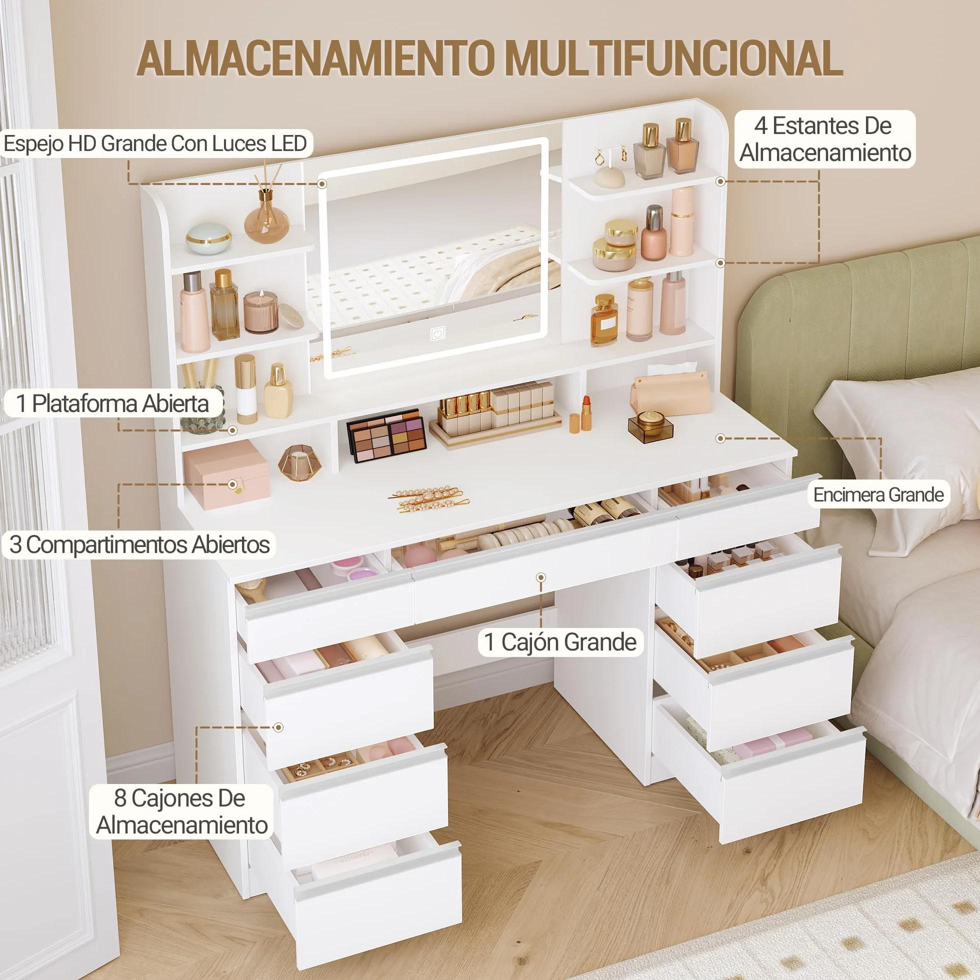 Tocador Grande con Iluminación LED, 3 Colores, Brillo Ajustable, Mesa de Maquillaje con Espejo, 9 Cajones, Estilo Moderno, Blanca-Plata