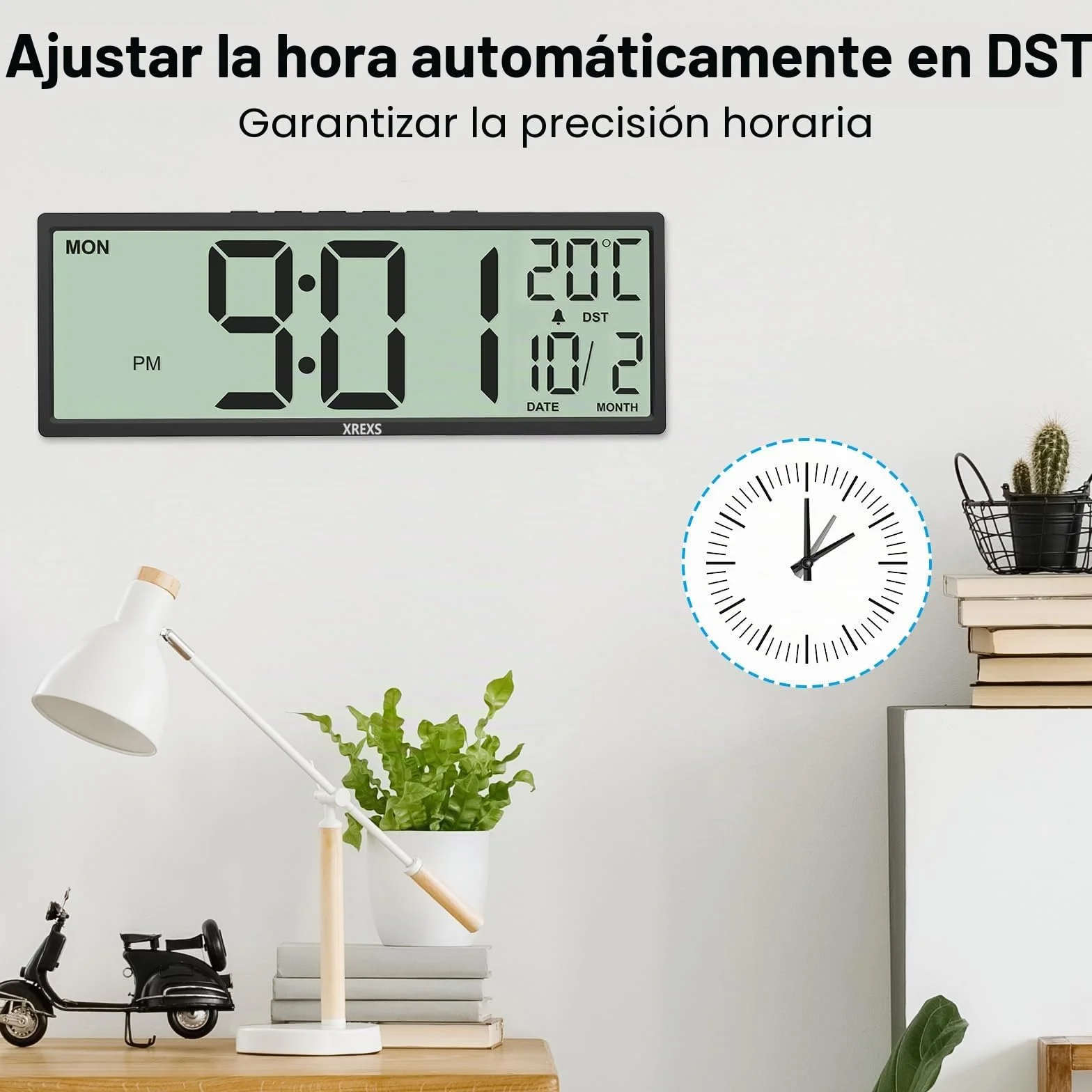 XREXS Reloj de Pared Digital de 14,5 Pulgadas, Hora, Calendario, Temperatura, Función DST, Funciona con Pilas, para Dormitorio, Salón, Aula, Oficina (Negro)