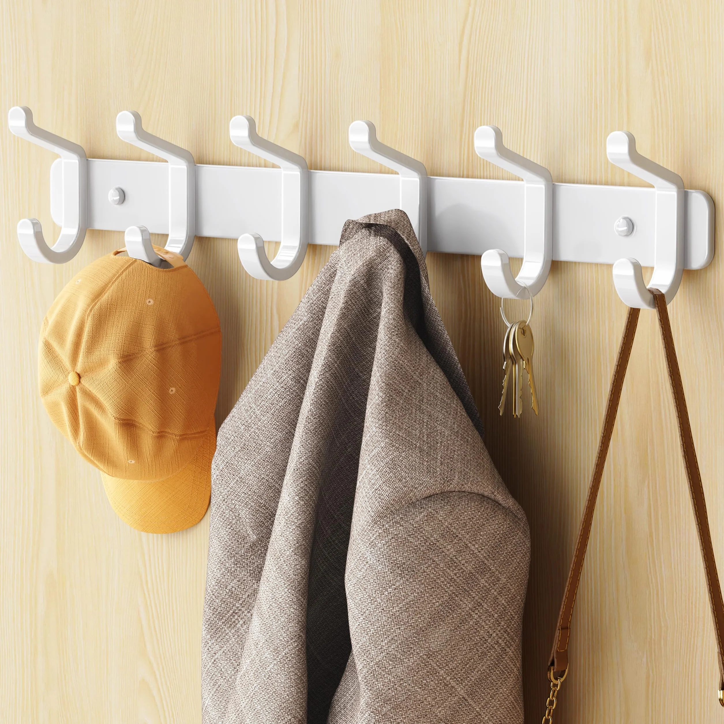 Juego de 2 percheros de pared con 6 ganchos, percheros de metal, perchero de pared para chaquetas, bolsos, sombreros, bufandas, barra para colgar ropa en el dormitorio, armario, baño o cocina (blanco)