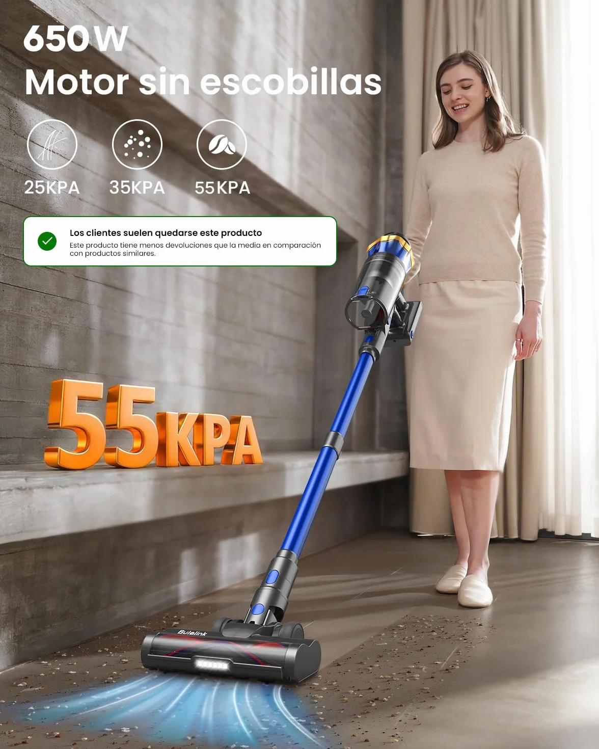 55Kpa/650W/65Mins Aspiradora sin Cable, Aspiradora sin Cable de 1.6 L/Pantalla Táctil LED,Capa de Filtración de 8 Etapas, Autocargable,Autoportante,Adecuado para Suelos/Alfombras/Pelo de Animales