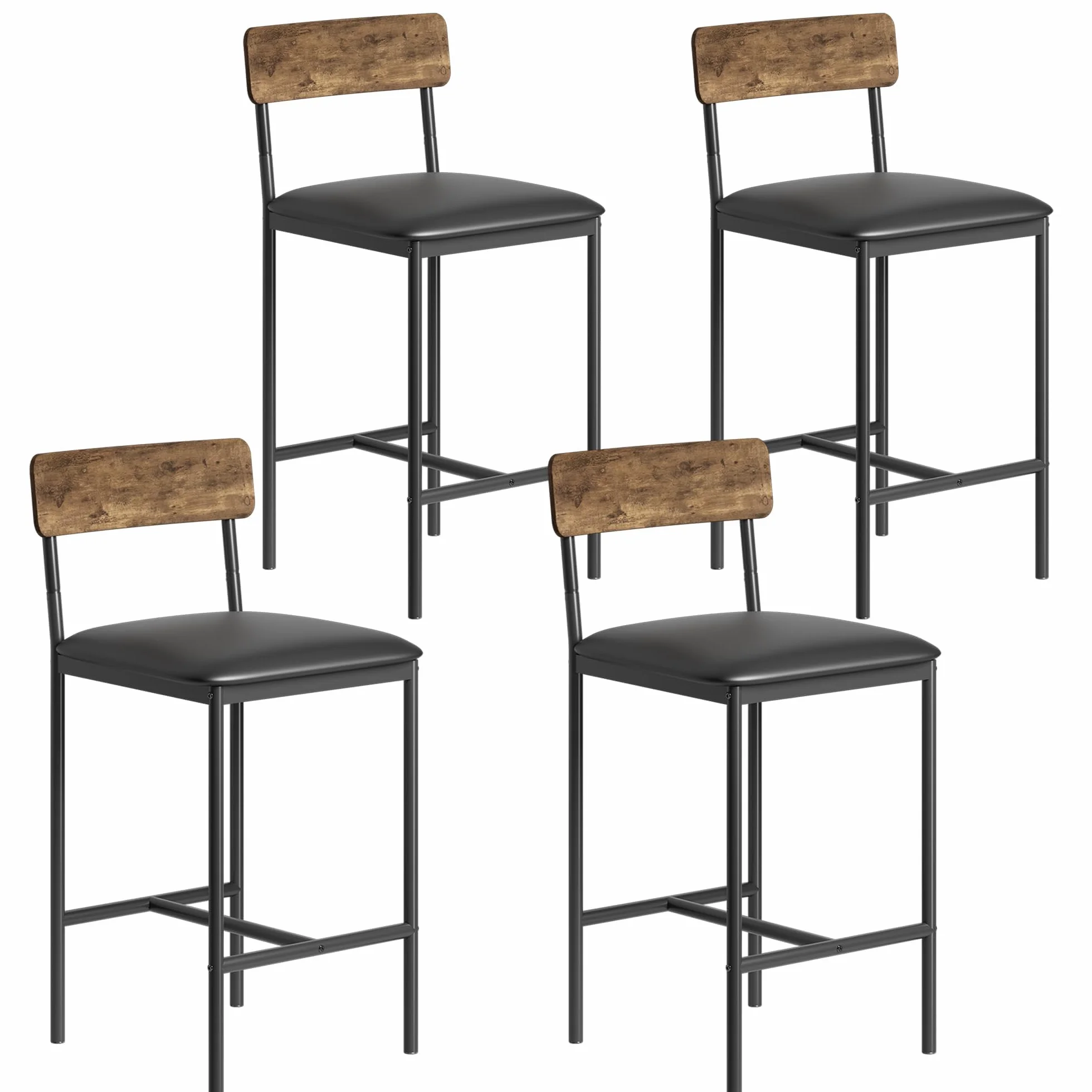 Taburetes Altos de Bar Juego de 4, Asiento Tapizado con Respaldo, Patas Metálicas Resistentes, Adecuado para Comedor y Salón, 41×38×95 cm,Color Vintage