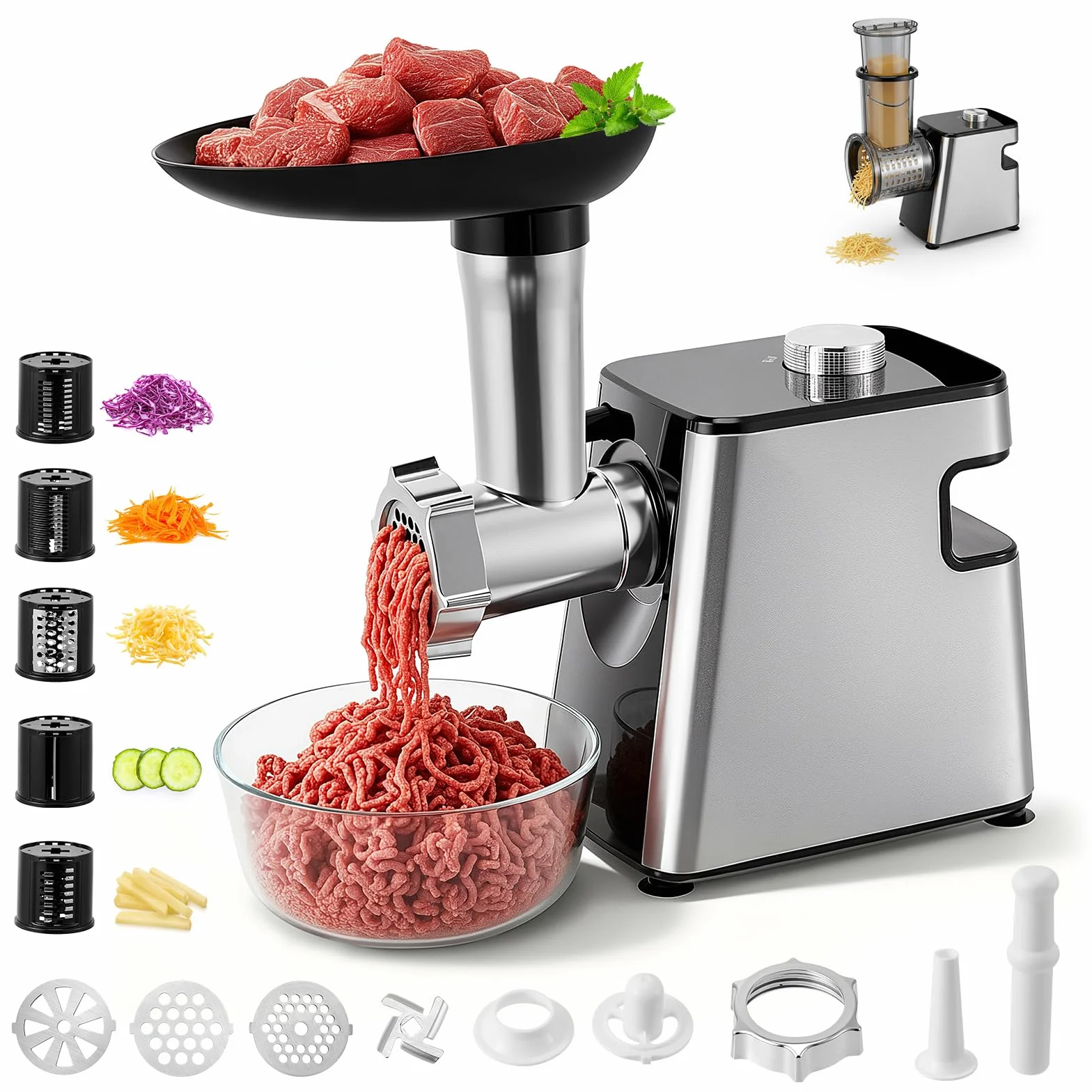 Picadora eléctrica de carne,embutidora de salchichas,picadora eléctrica de carne y trituradora de verduras de acero inoxidable de 2800W máx,3 placas de picado,cortador de verduras con 5