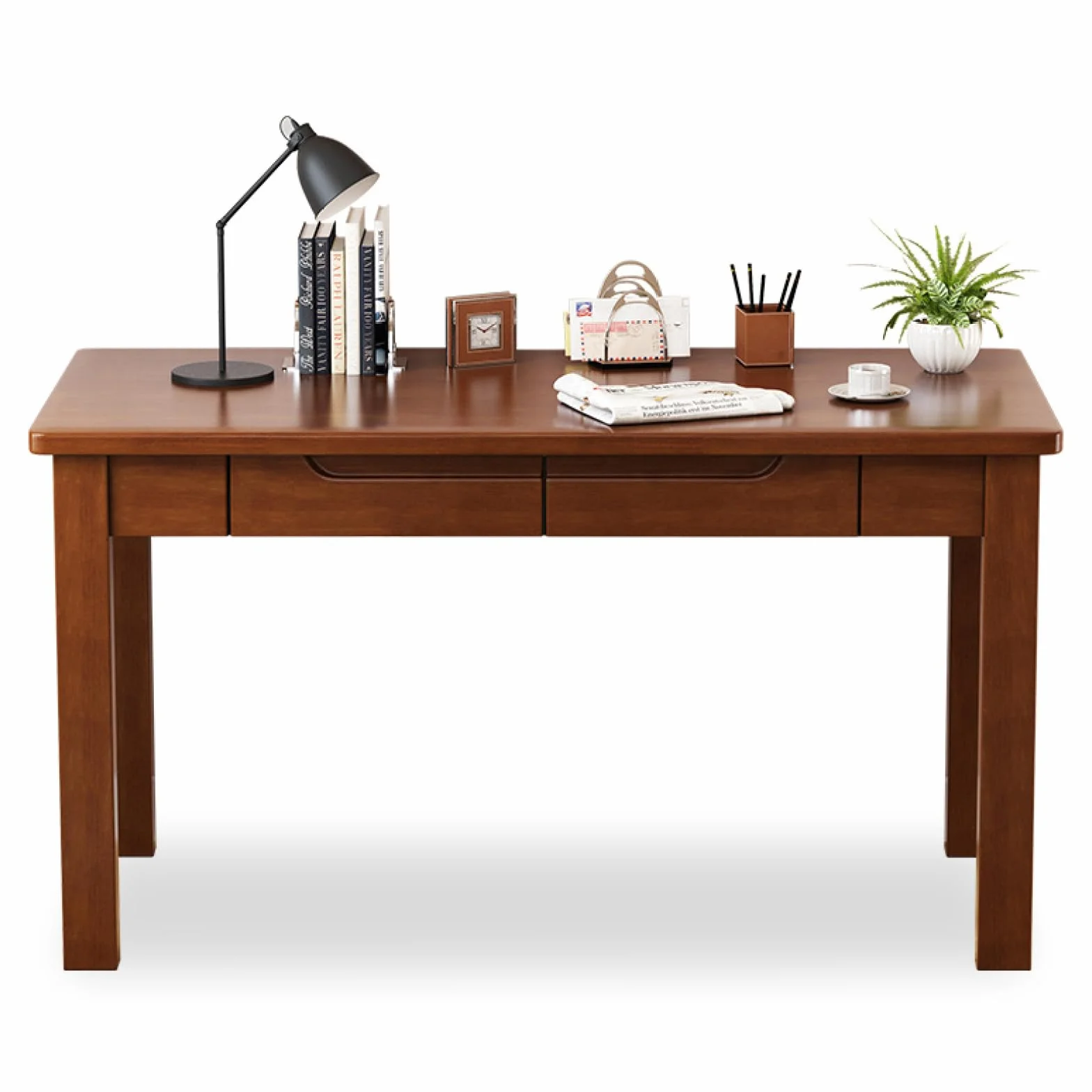 Escritorio de Madera de Roble 100% Macizo: Mesa de Estudio pequeña con 2 cajones, Escritorio de Oficina en casa Sencillo y Moderno, Escritorio de computadora (39 Pulgadas, Nogal)