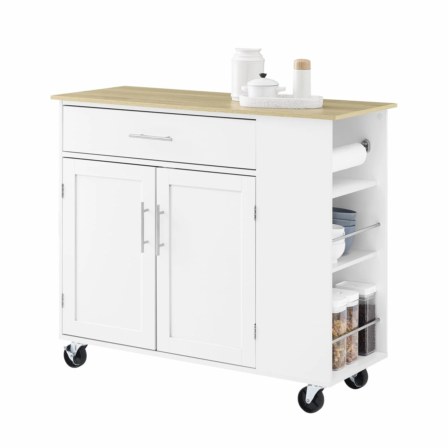 SoBuy Mueble Auxiliar de Cocina con Ruedas y Encimera – Carrito Auxiliar con Cajón y Estante Ajustable – Isla de Cocina con Ruedas, Mueble Cocina Auxiliar Blanco 99x40x85 cm FKW133-WN