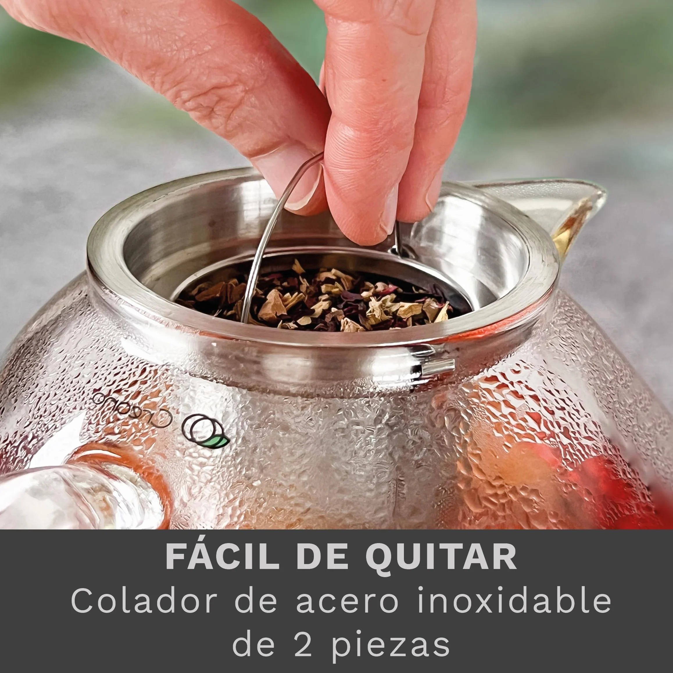 Creano Tetera de Vidrio de Borosilicato 1,7l con Filtro de Acero Inoxidable Extraíble y Boquilla Antigoteo para Té en Rama y Flores de Té