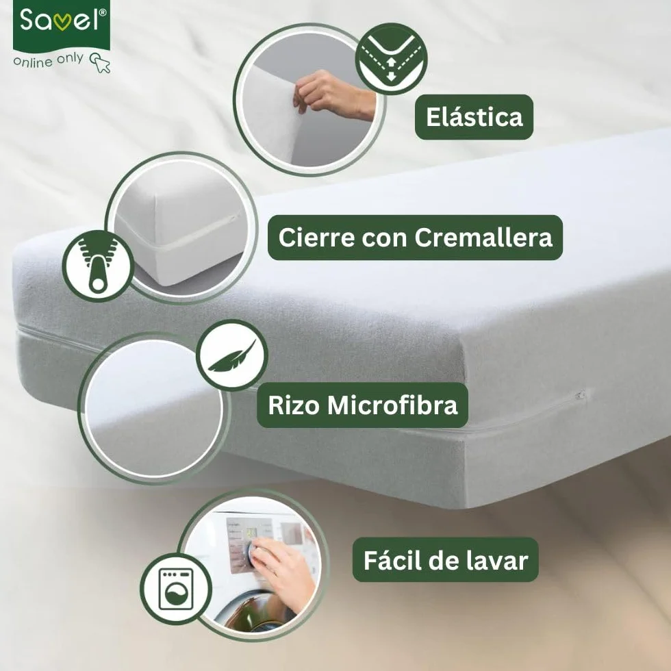 SAVEL - Funda de colchón Microfibra | Protector de colchón elástico y Suave | Cubre colchón con Cremallera | Certificado Oeko-Tex | 150x190/200 cm