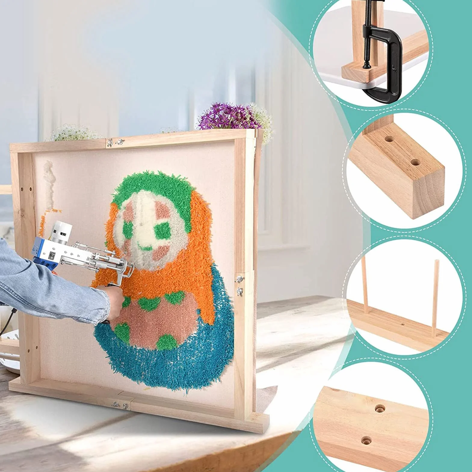 Marco de tufting para la confección de alfombras, marco de manualidades DIY con textura de acero inoxidable y madera de roble para coser tapices, montaje sencillo