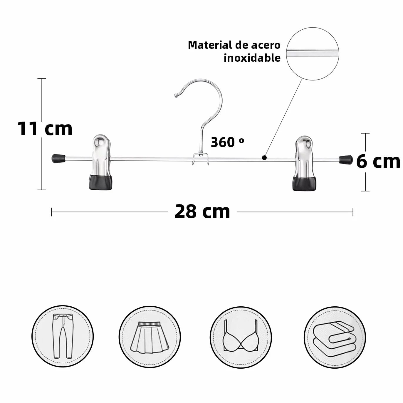 ACCRUX- Perchas de Acero para Pantalones 28cm, Pinzas de PVC Antideslizante Ajustable para Faldas, Shorts Ropa de Niños. Ideal para Ahorrar Espacio (12 Unidades)