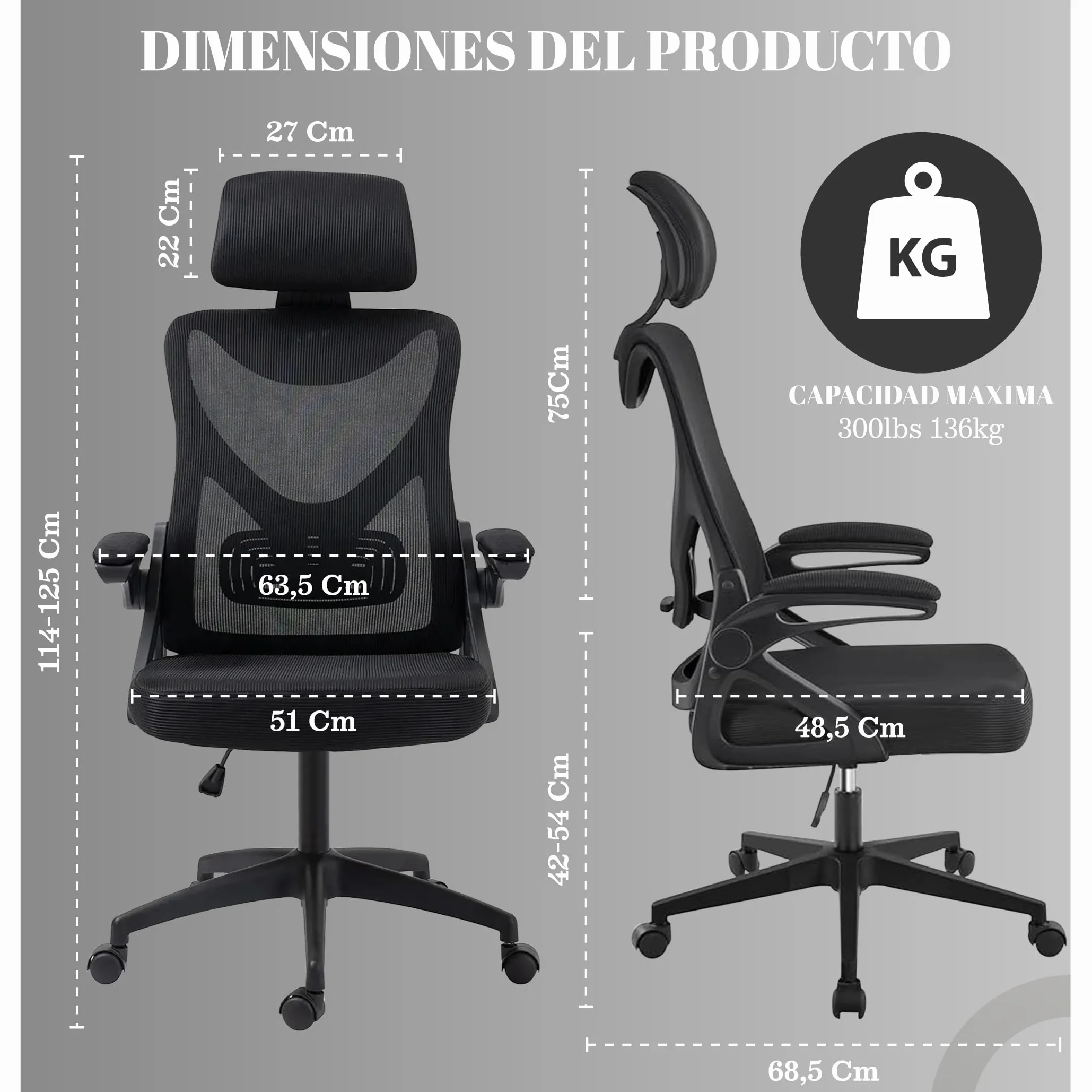 EveryKip Silla Escritorio Ergonomica Ajustable con Reposabrazos Beige Ruedas Anti-Arañazos Sillas Oficina Ejecutiva con Reposacabezas Negro