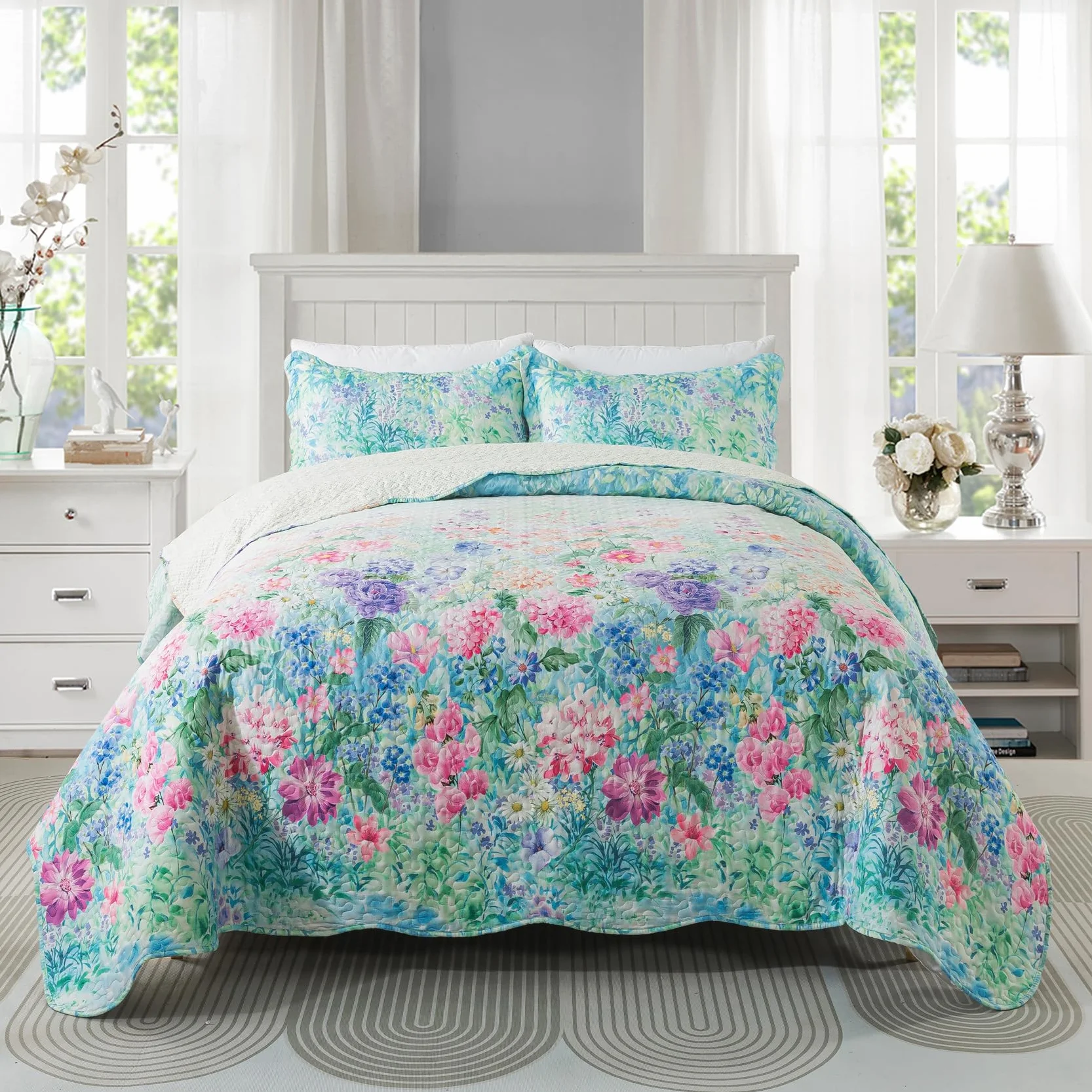 Travan Juego de edredón Floral, Ultra Suave y Resistente a la decoloración, Juego de Cama Queen con 1 edredón y 2 Fundas, Morado, jardín de ensueño