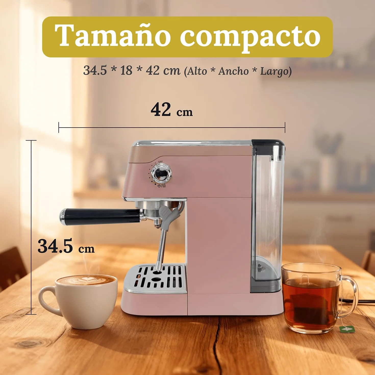 Cafetera Hanoi - Cafetera Express para Espresso y Cappuccino, 1350W, 20 Bares, Vaporizador, Brazo Portafiltros con Doble salida y 2 Filtros, Depósito Agua 1.2L, Calientatazas, Accesorios - Moca