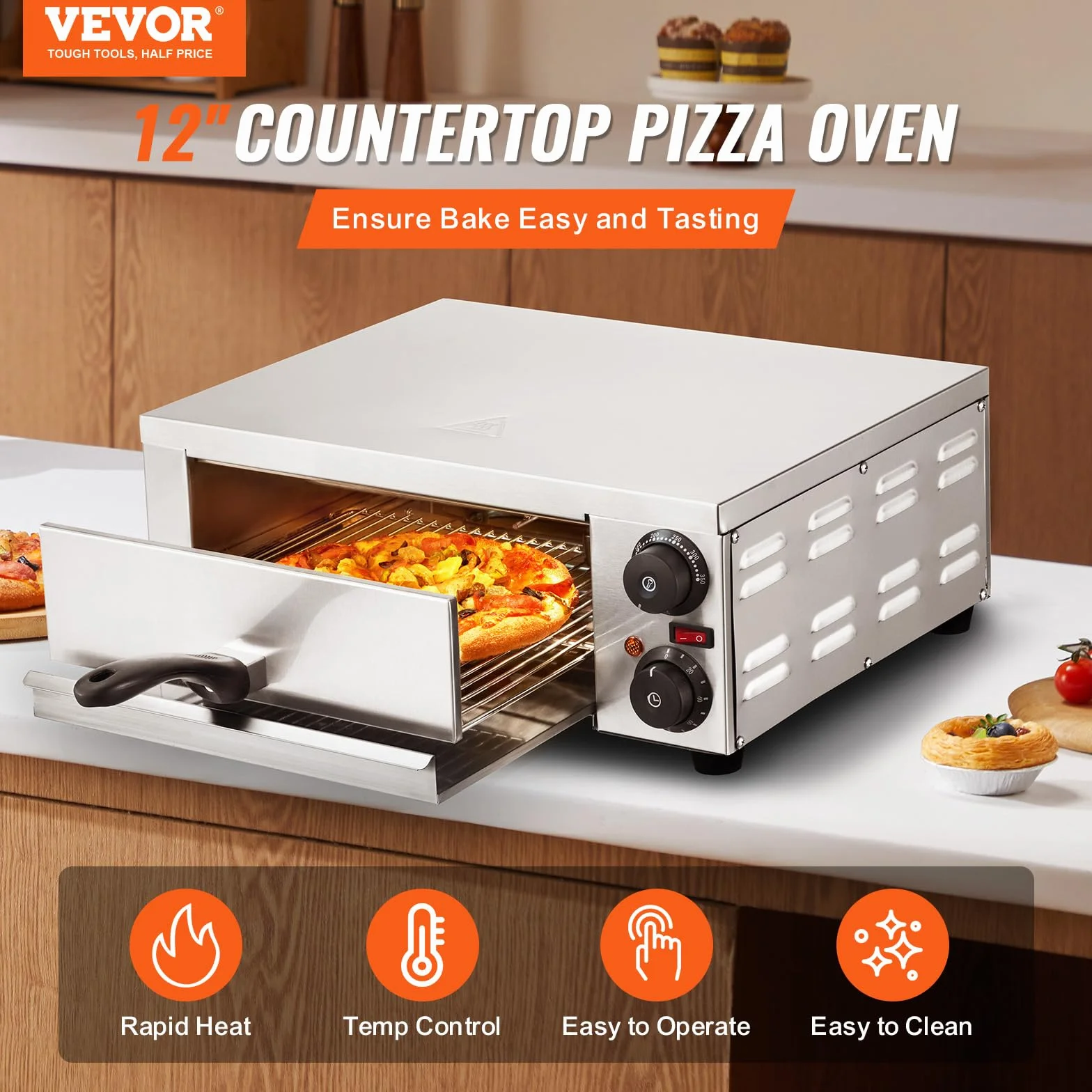 VEVOR Horno de pizza eléctrico 12 pulgadas 1500 W control temperatura temporizador