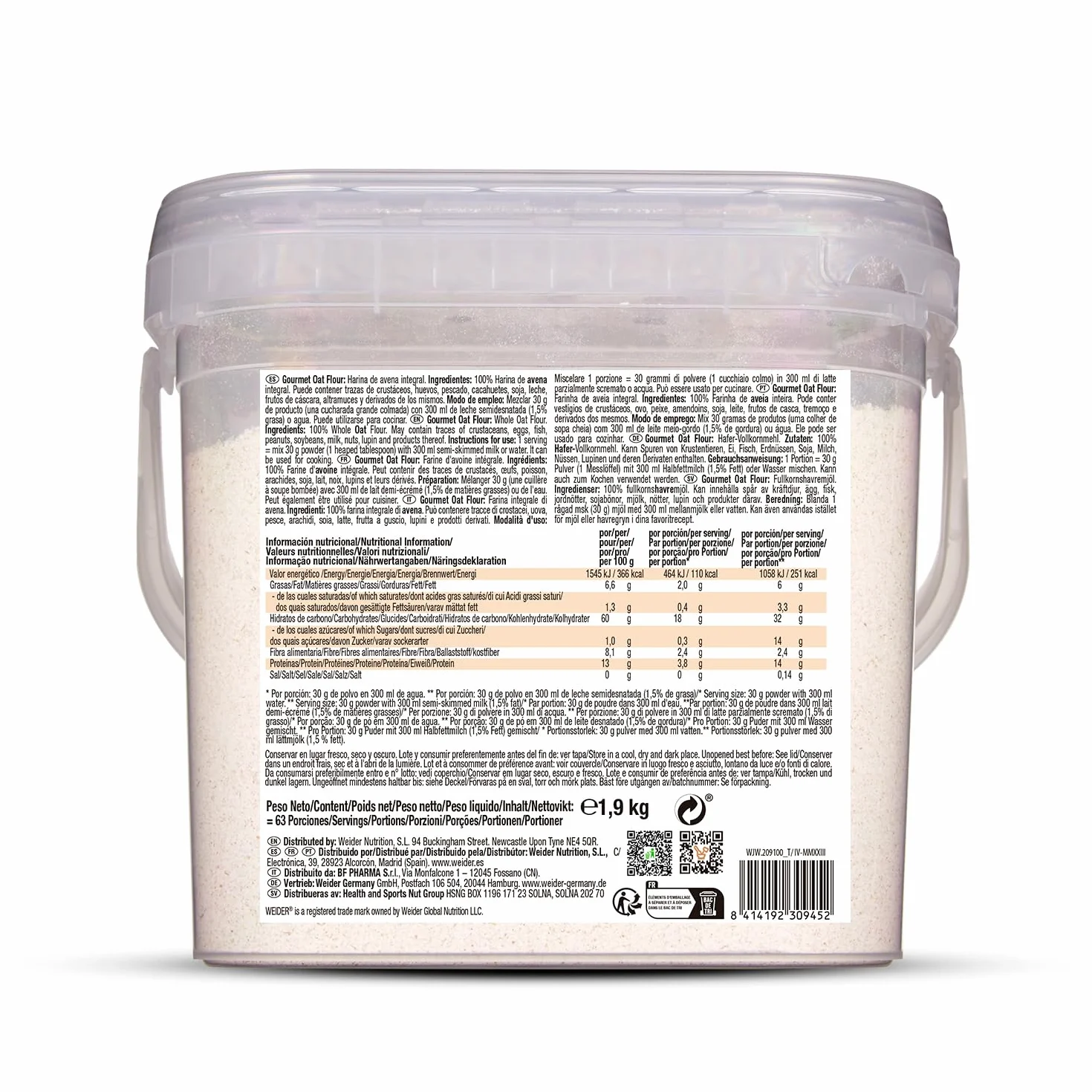 Weider Gourmet Oat Flour Harina de Avena Integral 1,9 kg