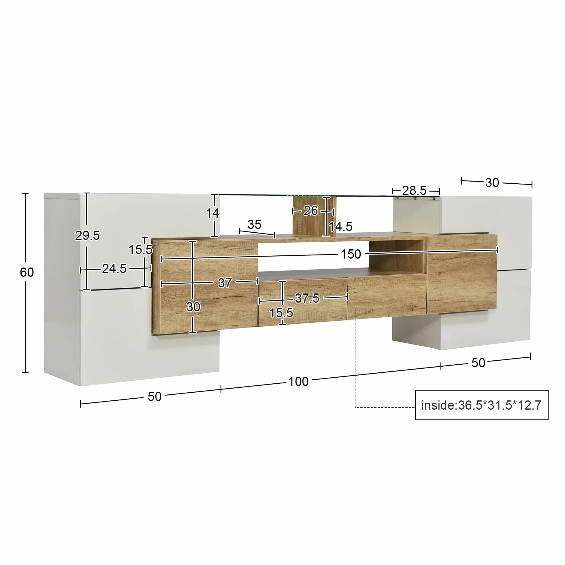 LAKFEW Mueble TV 200cm de hasta 85 Pulgadas con Iluminación LED y Almacenaje, Mueble TV Salon con 6 Puertas y 2 Cajones, Muebles TV con 3 Compartimentos, 200x35x60 cm, Blanco+Color Madera
