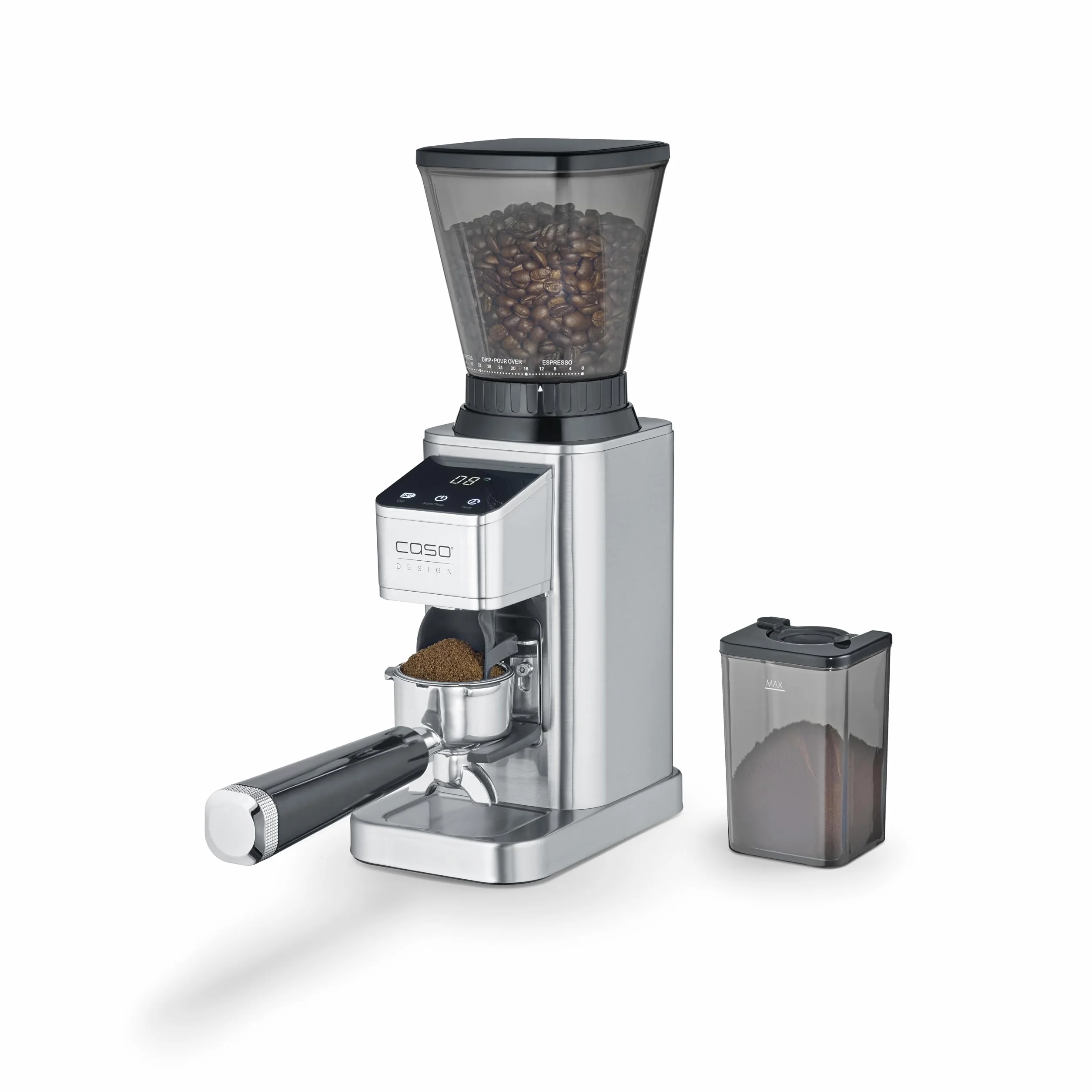 CASO BaristaChef Inox - Molinillo de café eléctrico con muelas cónicas, pantalla táctil, temporizador digital y sobresaliente, capacidad de 250g, 48 niveles de molienda precisos - acero inoxidable
