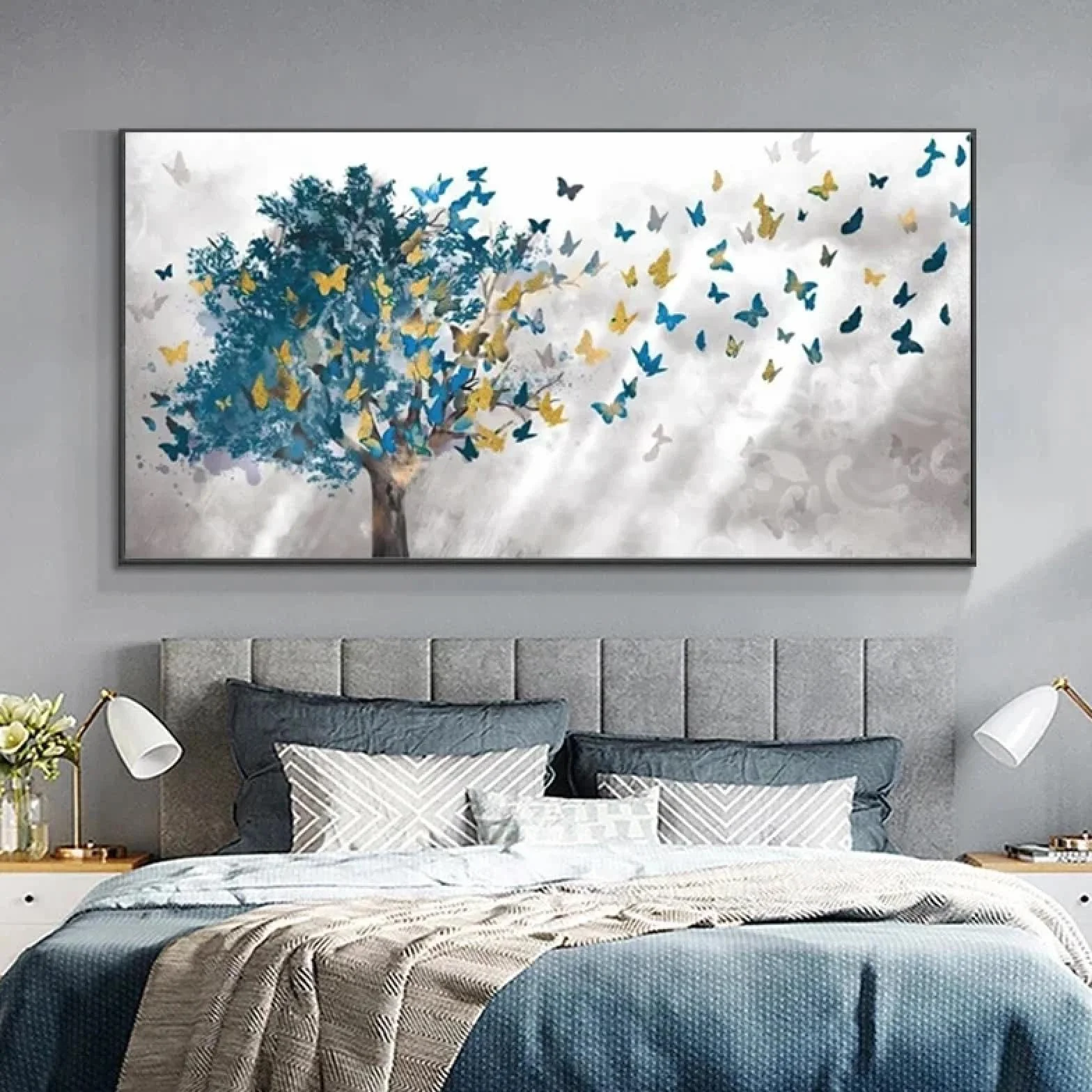 Moderno nórdico azul árbol mariposa lienzo pintura pared arte carteles impresiones cuadros de pared para sala de estar decoración de la pared del hogar 25.6 x 51.2 in (26 x 51 pulgadas) marco interno